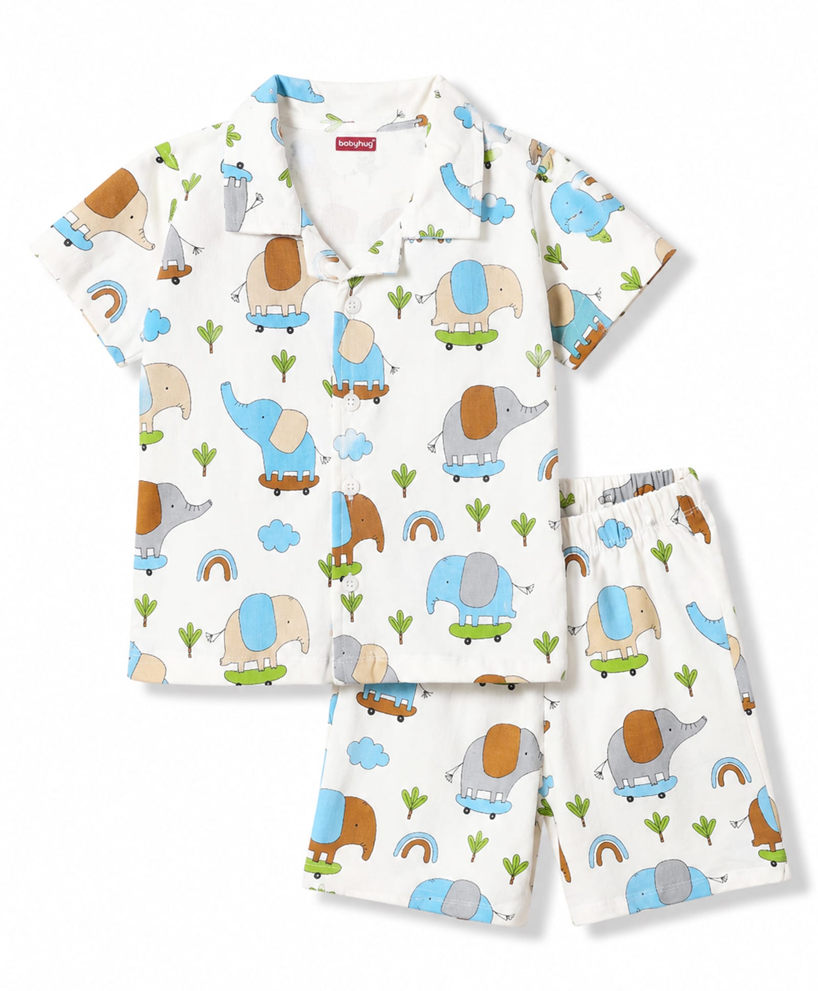 Babyhug Cotton Knit Half Sleeves Front Open Elephant Printed Co-Ords Shirt & Shorts Night Suit - Off White-image-28