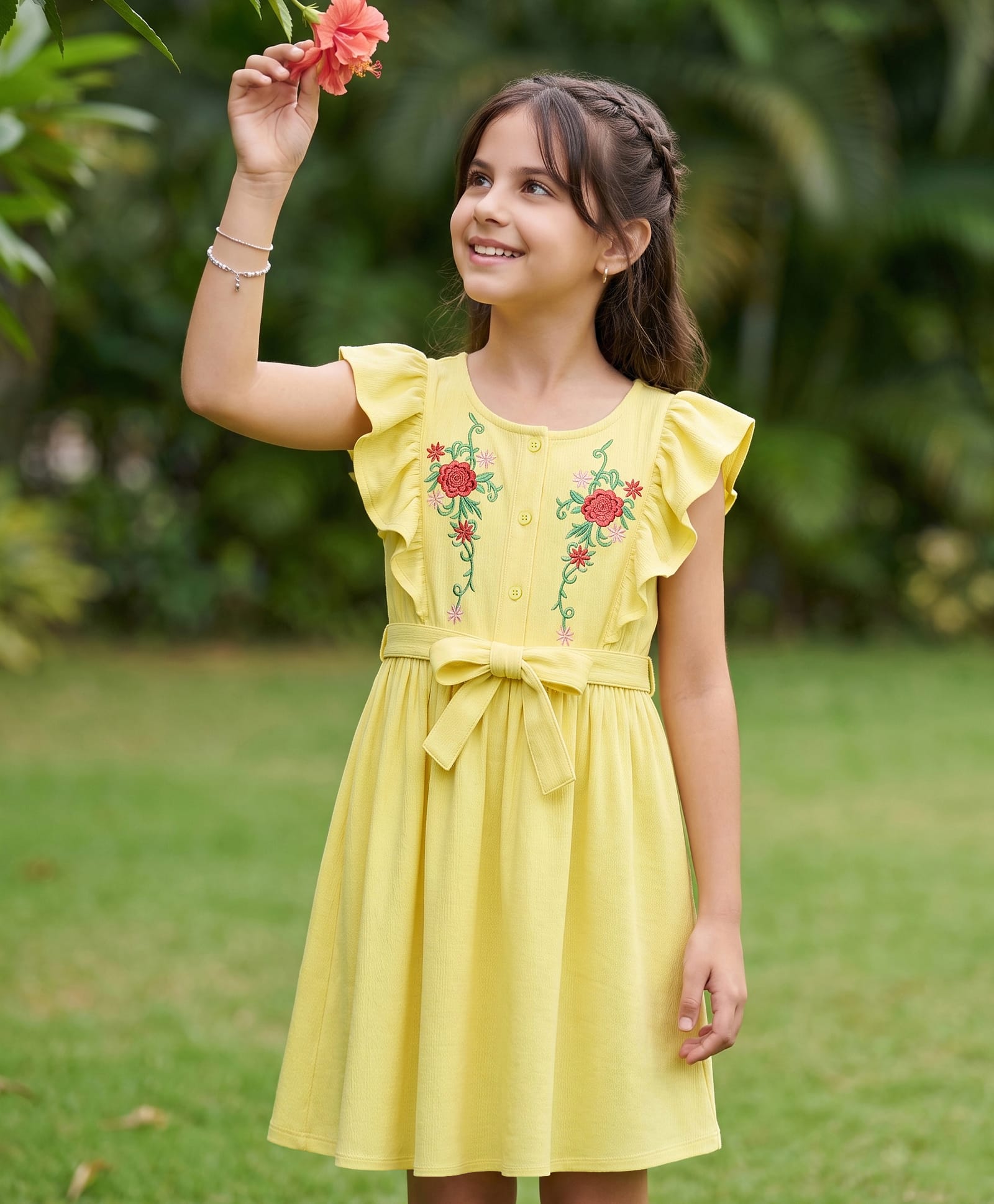Pine Kids Woven Sleeveless Floral Embroidered Frock - Yellow-image-9