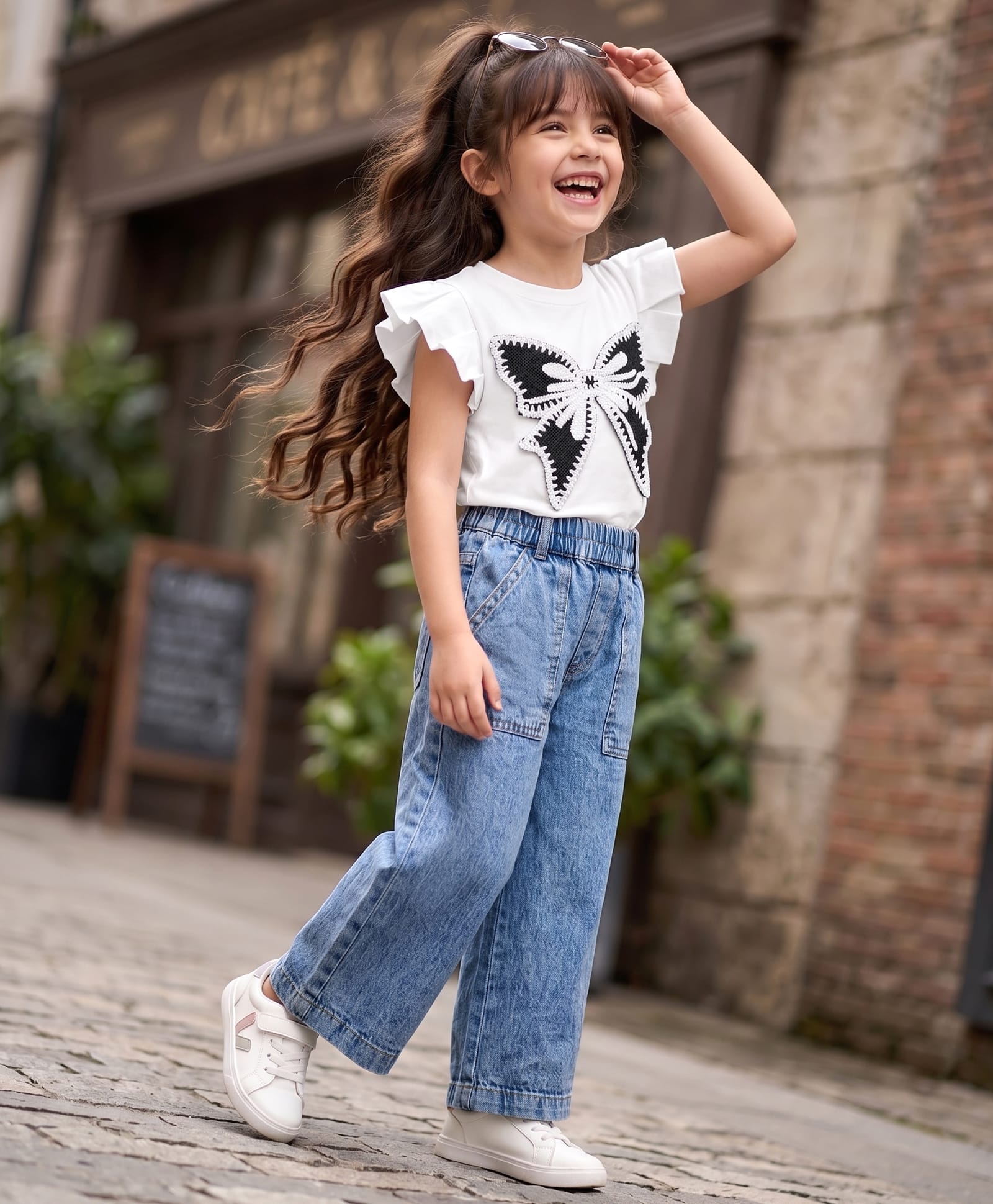 OLLINGTON ST. Set Of Cotton Knit Half Sleeve Top & Flared Pant Set With Butterfly Applique - White & Blue-image-22