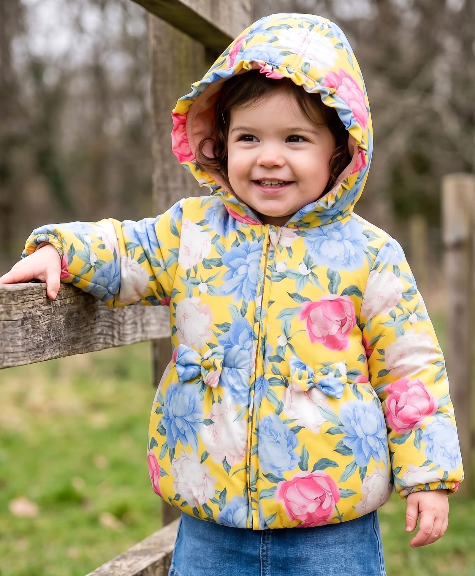 Babyhug Woven Hooded Padded Floral Printed Jacket with Bow - Pink-image-43
