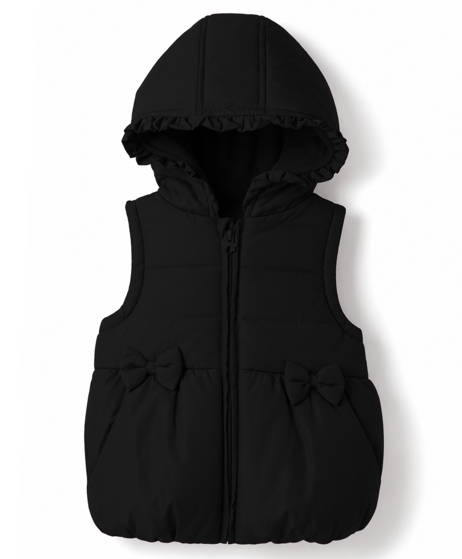Babyhug Woven Sleeveless Solid Hooded Padded Jacket with Frill & Bow - Black-image-42