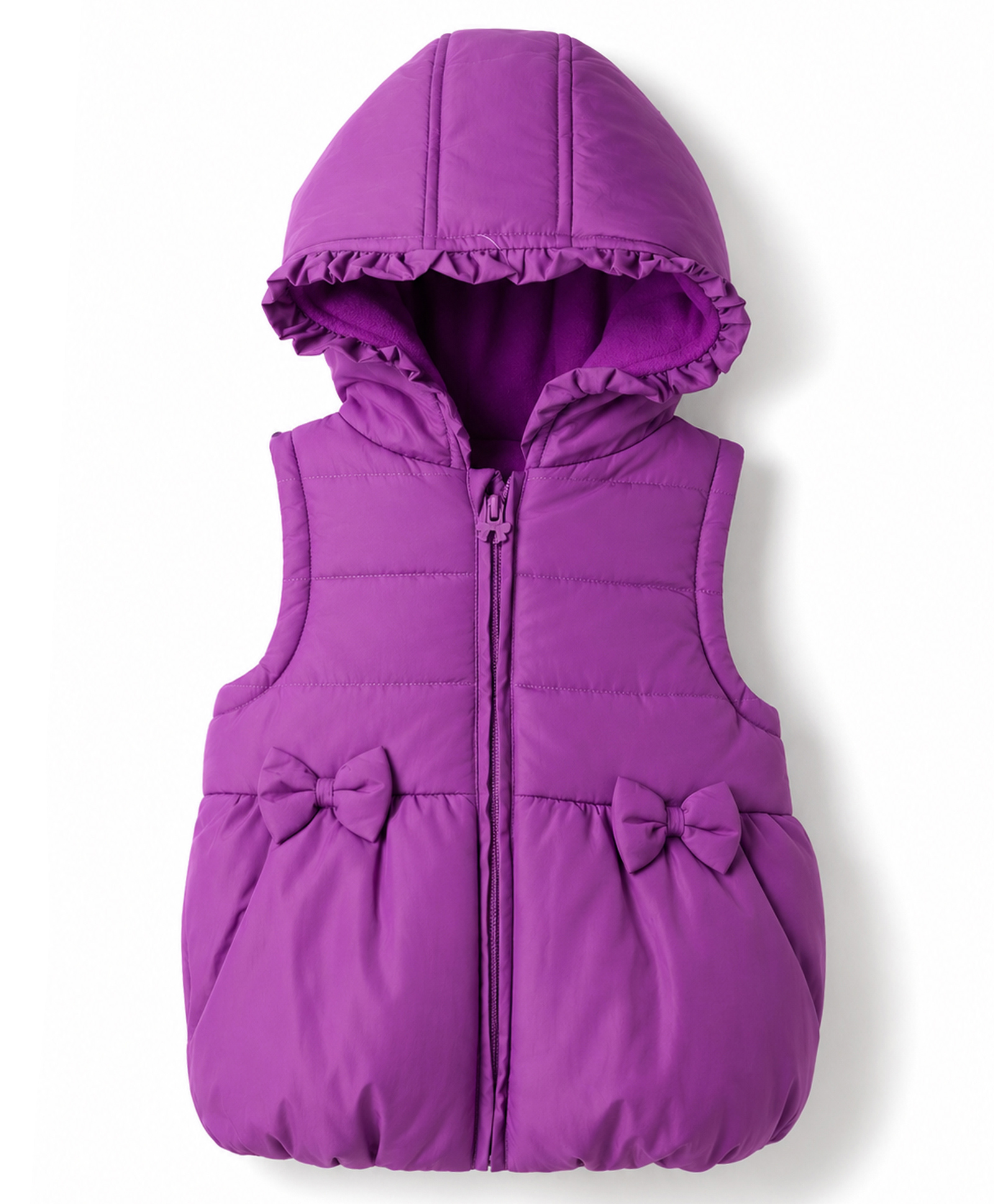 Babyhug Woven Sleeveless Solid Hooded Padded Jacket with Frill & Bow - Purple-image-36