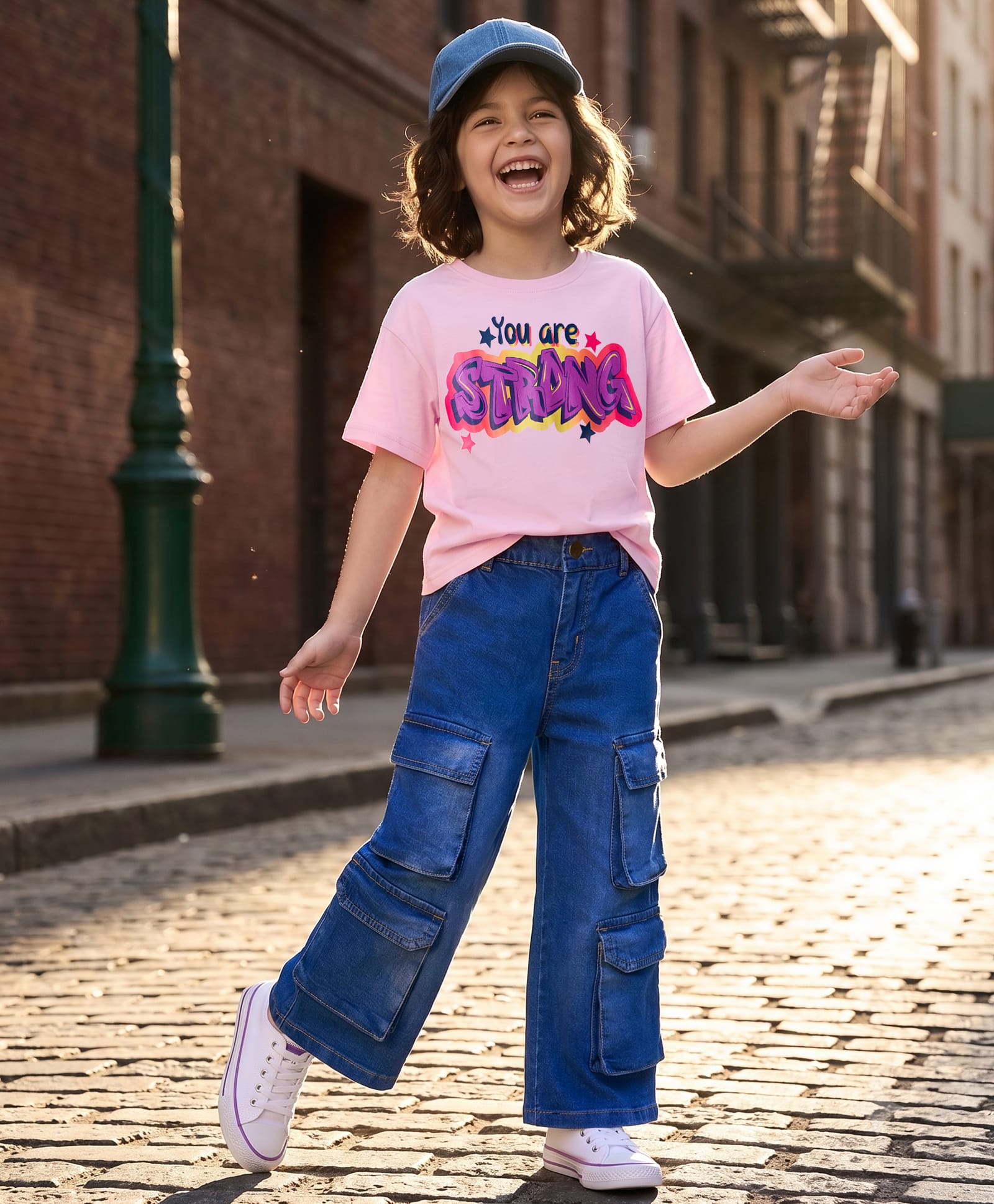 OLLINGTON ST. Cotton Knit Half Sleeve Text Printed Top & Denim Culottes Set - Pink & Blue-image-40