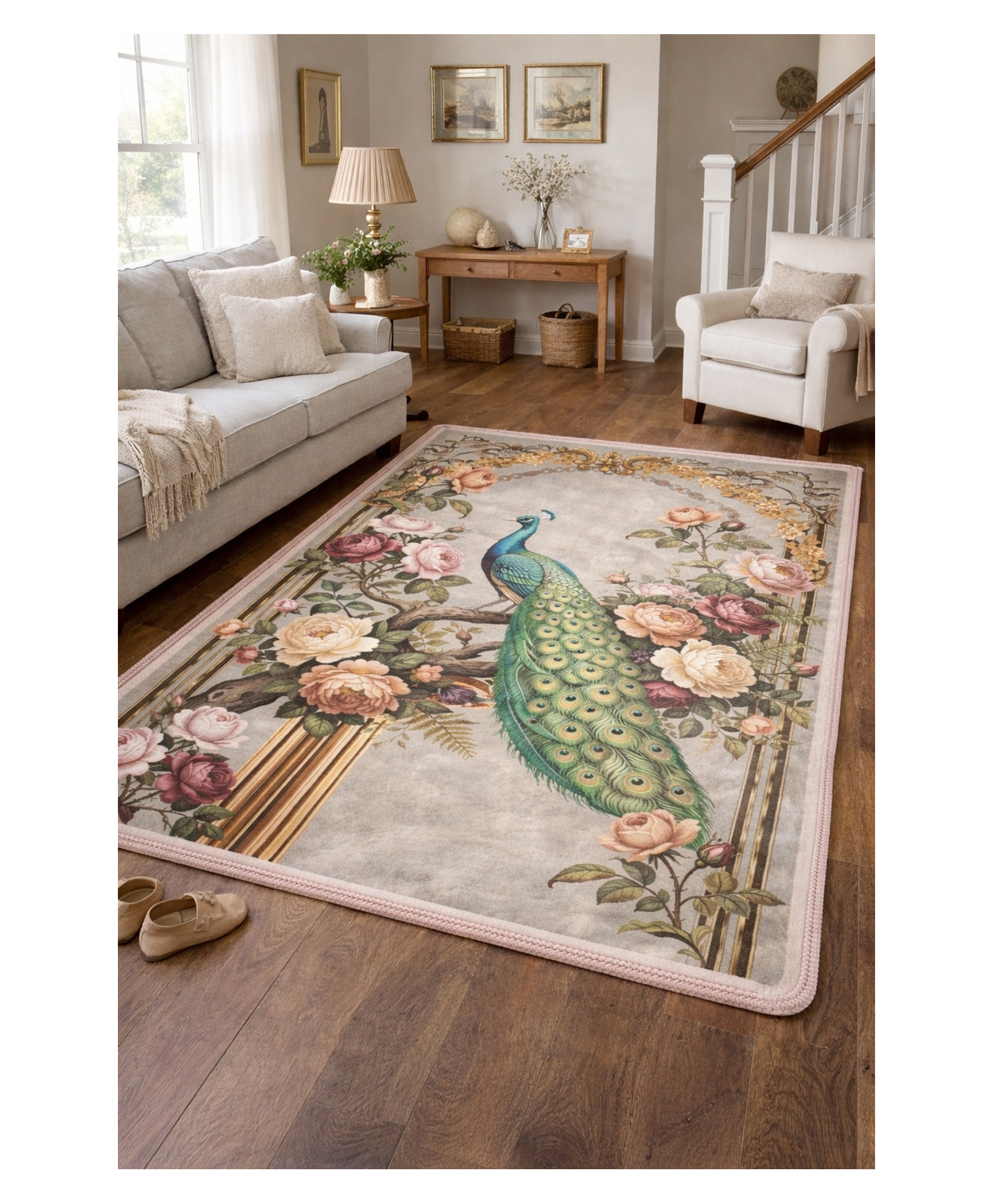 AAZEEM Royal Peacock Floral Printed Carpet for Bedroom & Living Room | Anti-Skid Soft Decorative Area Rug | Vintage Designer Floor Carpet for Home Décor 4x6 Feet-picture-11