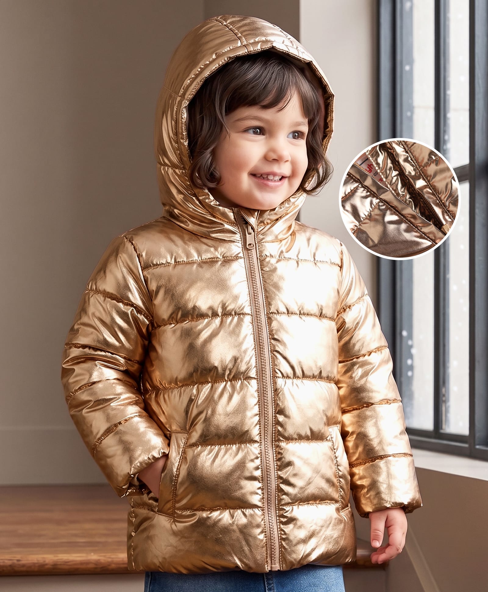 Babyhug Woven Full Sleeves Solid Metalic Colour Padded Jacket with Hood - Pink-picture-23