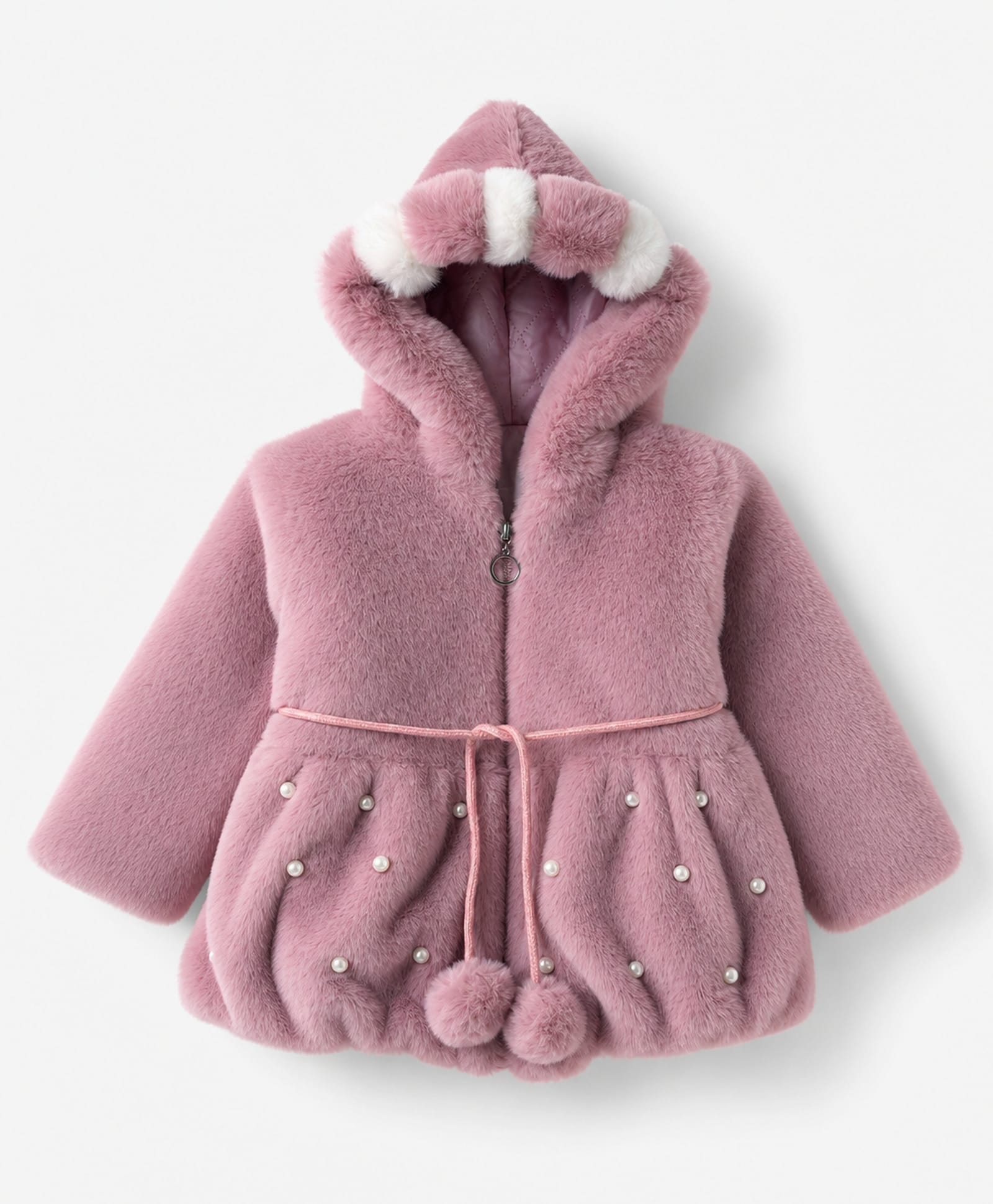 Babyhug Fur Woven Hoodie Jacket with Full Sleeves and Pearls Embellishment - Pink-image-32