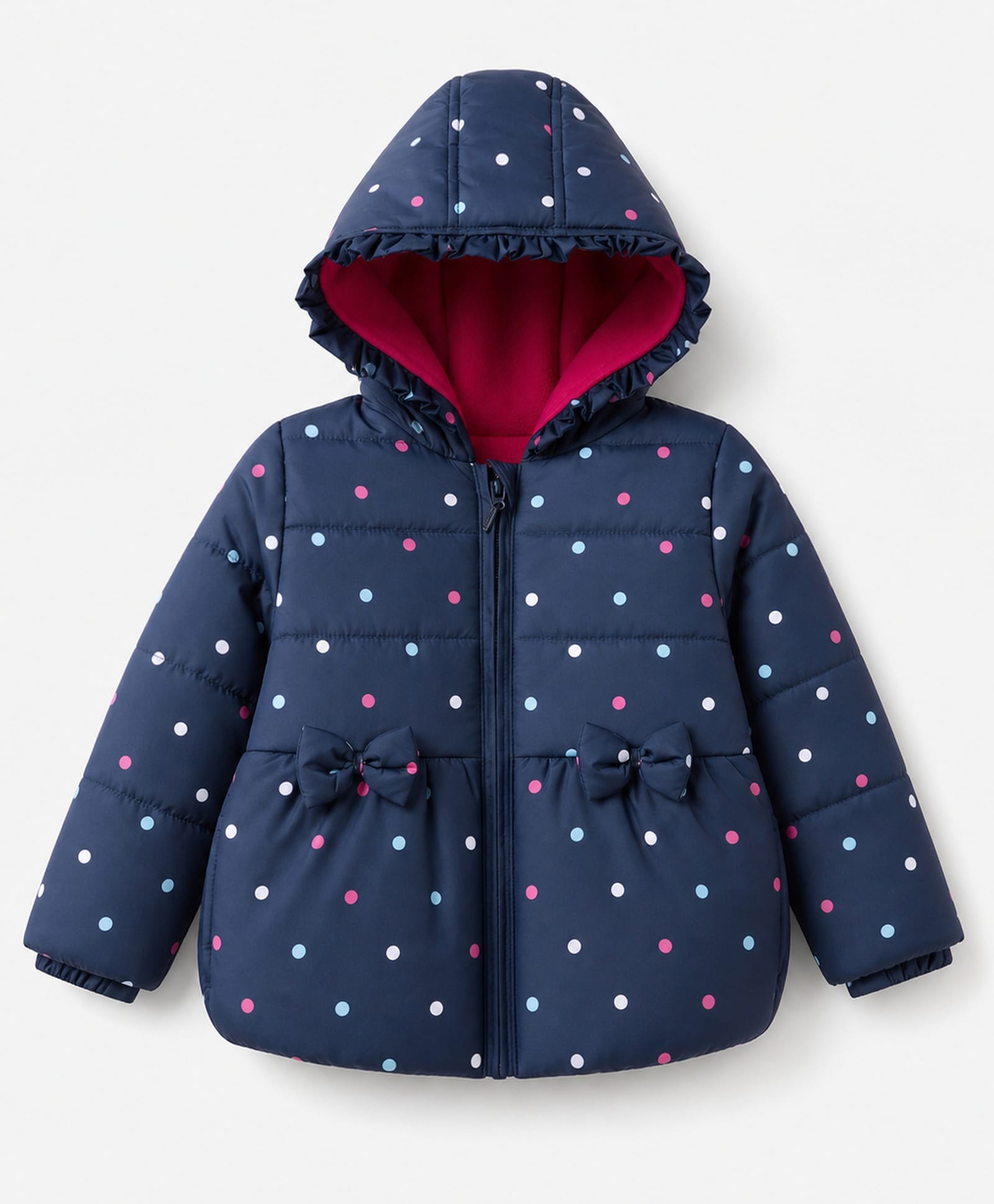 Babyhug Woven Full Sleeves Hooded Padded Winter Jacket With Polka Dots Print & Bow Applique - Navy Blue-picture-10