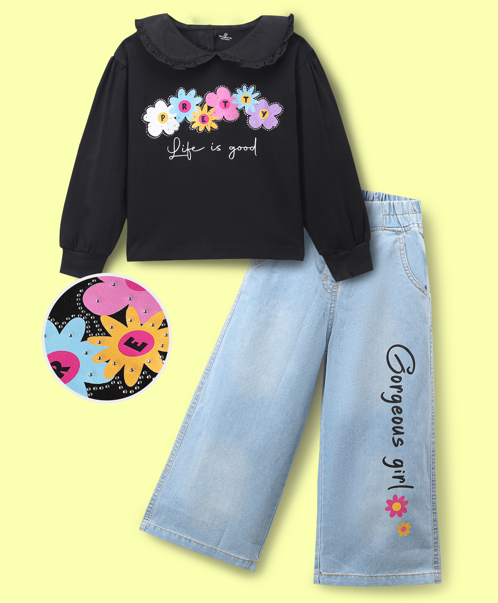 OLLINGTON ST. Sinker Knit Full Sleeves Top & Flared Bottom With Floral & Text Print - Black & Blue-image-17