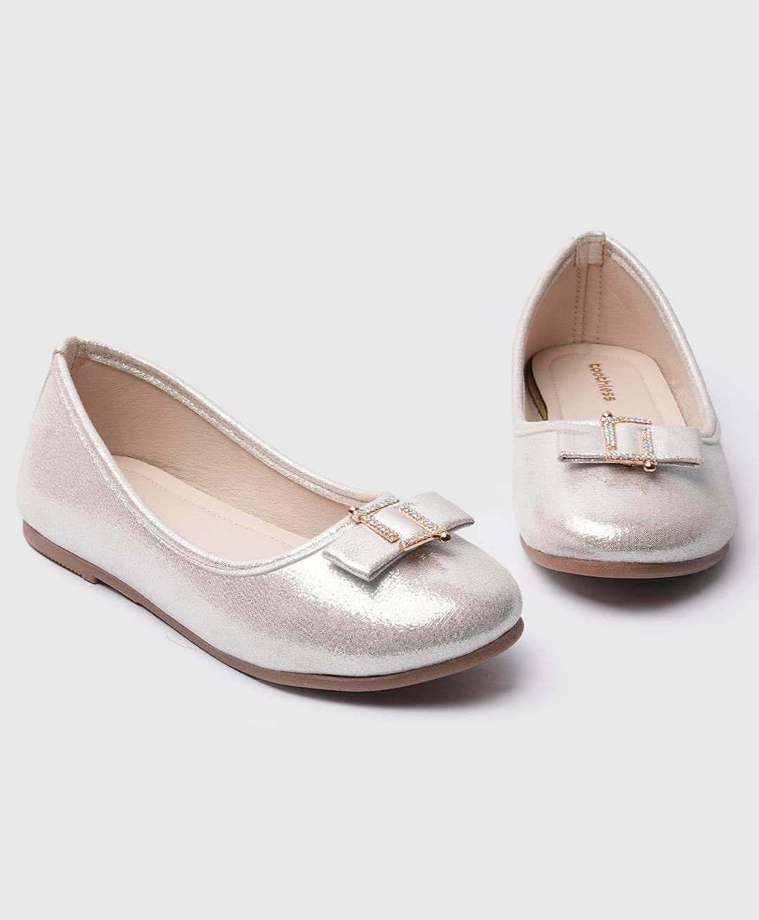 Toothless Bow Applique Detailed Stones Embellished Metallic Slip On Ballerinas - Silver-picture-26