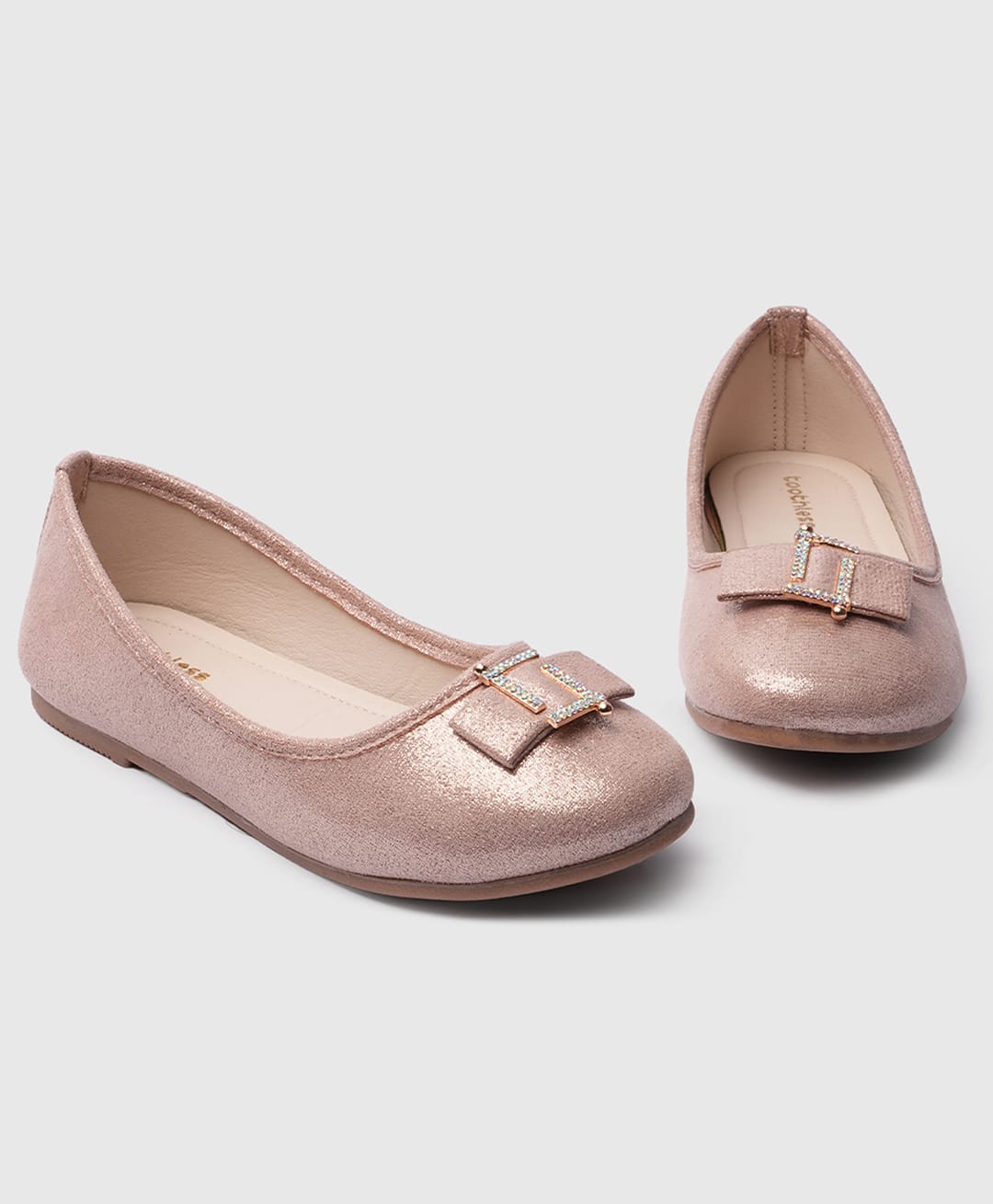 Toothless Bow Applique Detailed Stones Embellished Metallic Slip On Ballerinas - Rose Gold-image-36