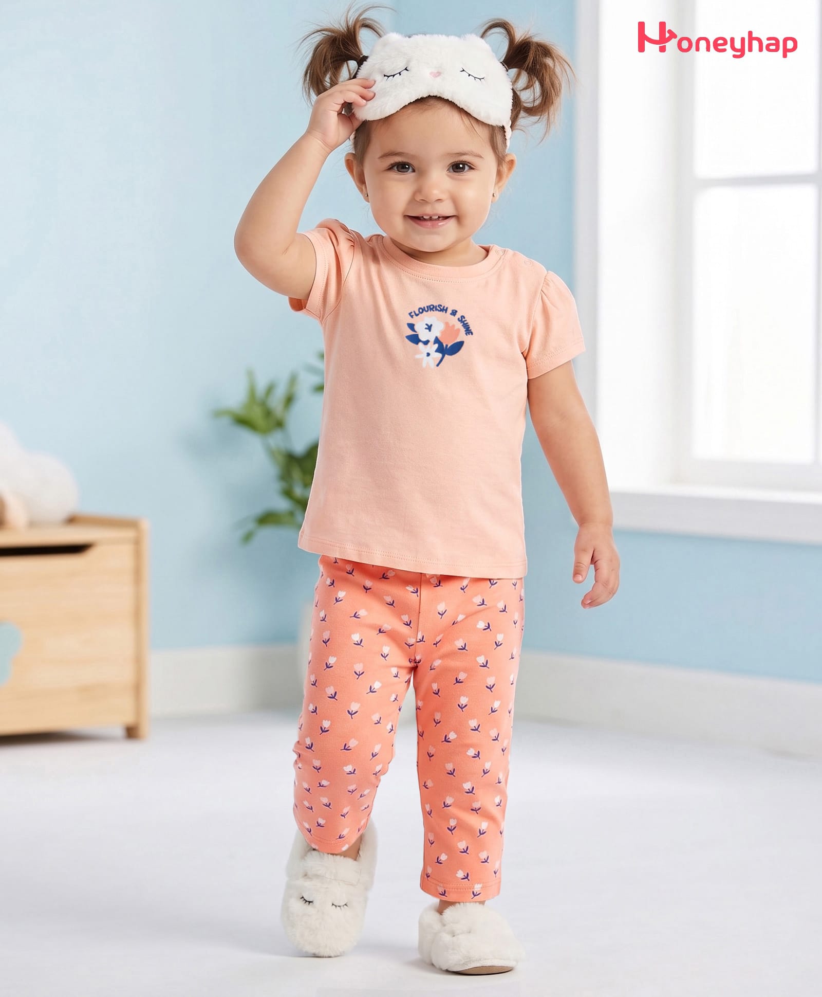 Honeyhap Premium 100% Cotton Knit Half Sleeves T-Shirt & Pyjama Night Suit With Floral Print - Pale Peach & Coral Reef-image-36