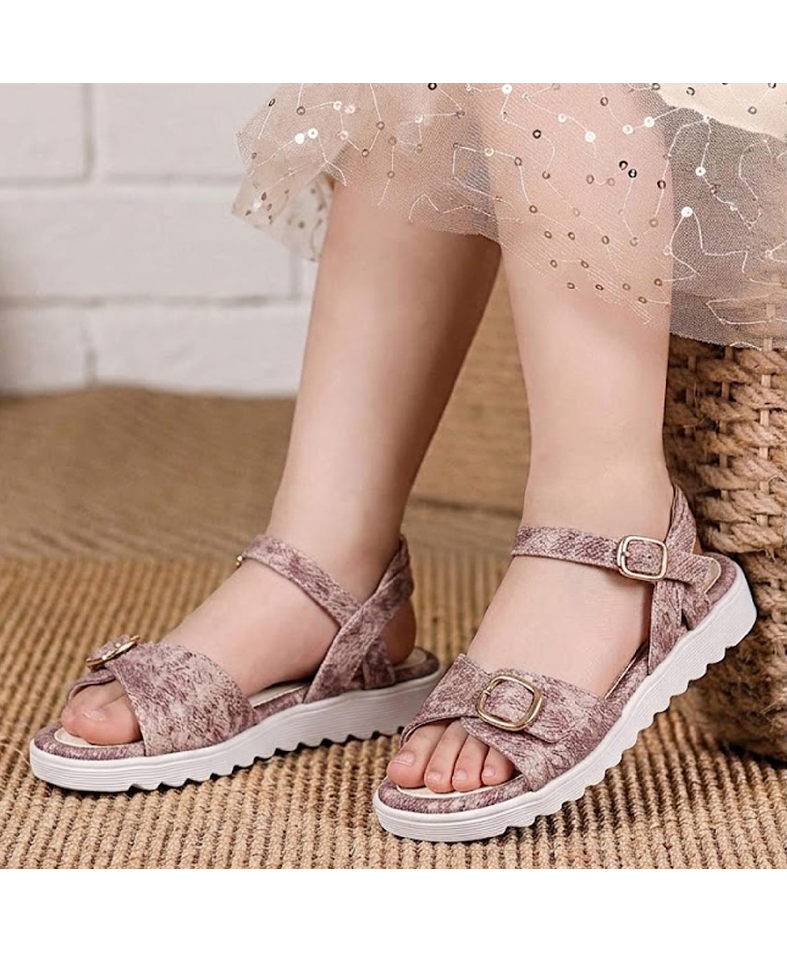Toothless Textured & Abstract Designed Buckle Closure Sandals - Plum-picture-38