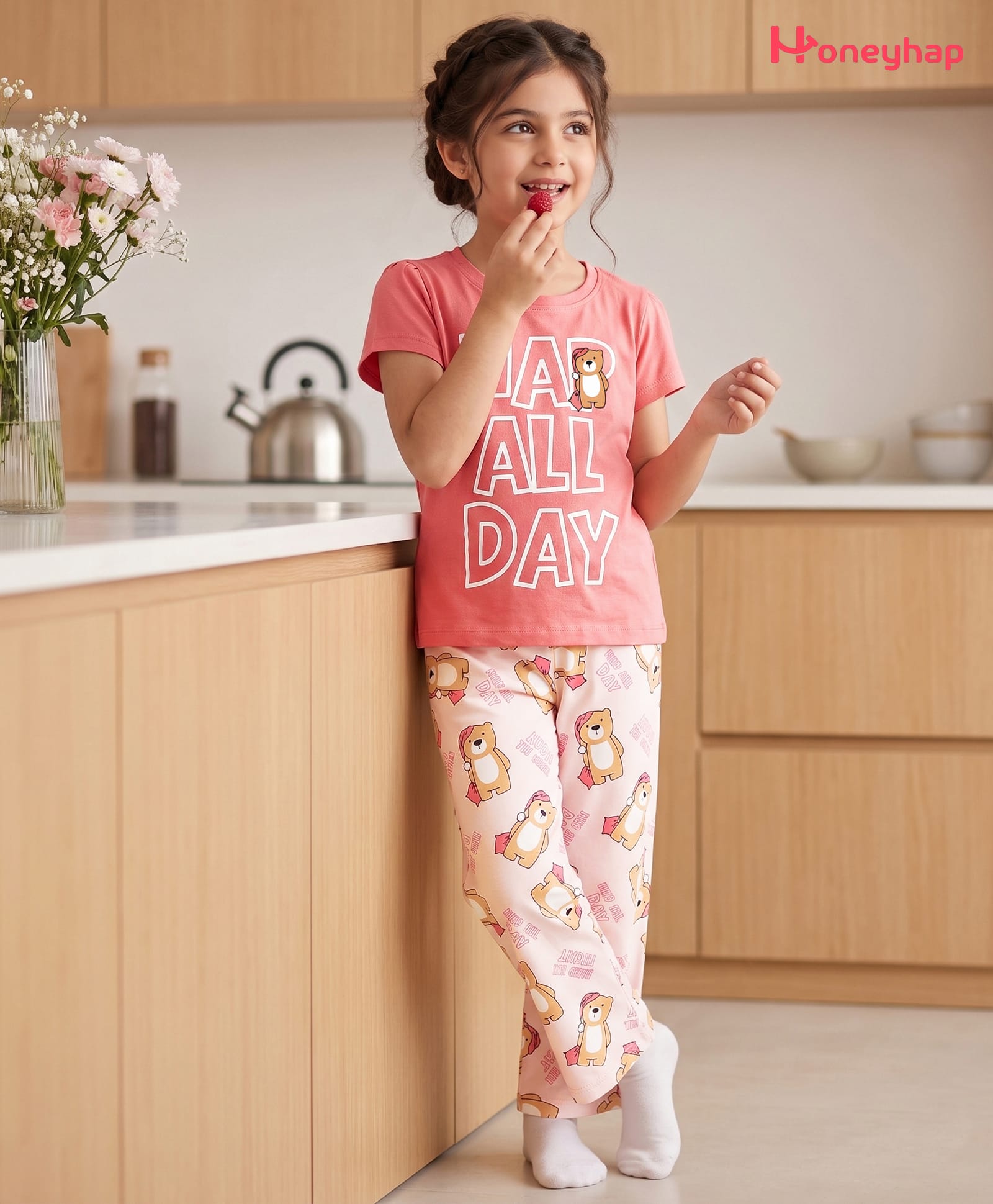 Honeyhap Premium 100% Cotton Knit Half Sleeves T-Shirt & Pyjama Night Suit With Bio Finish & Teddy Print - Geranium Pink & Primrose Pink-picture-8