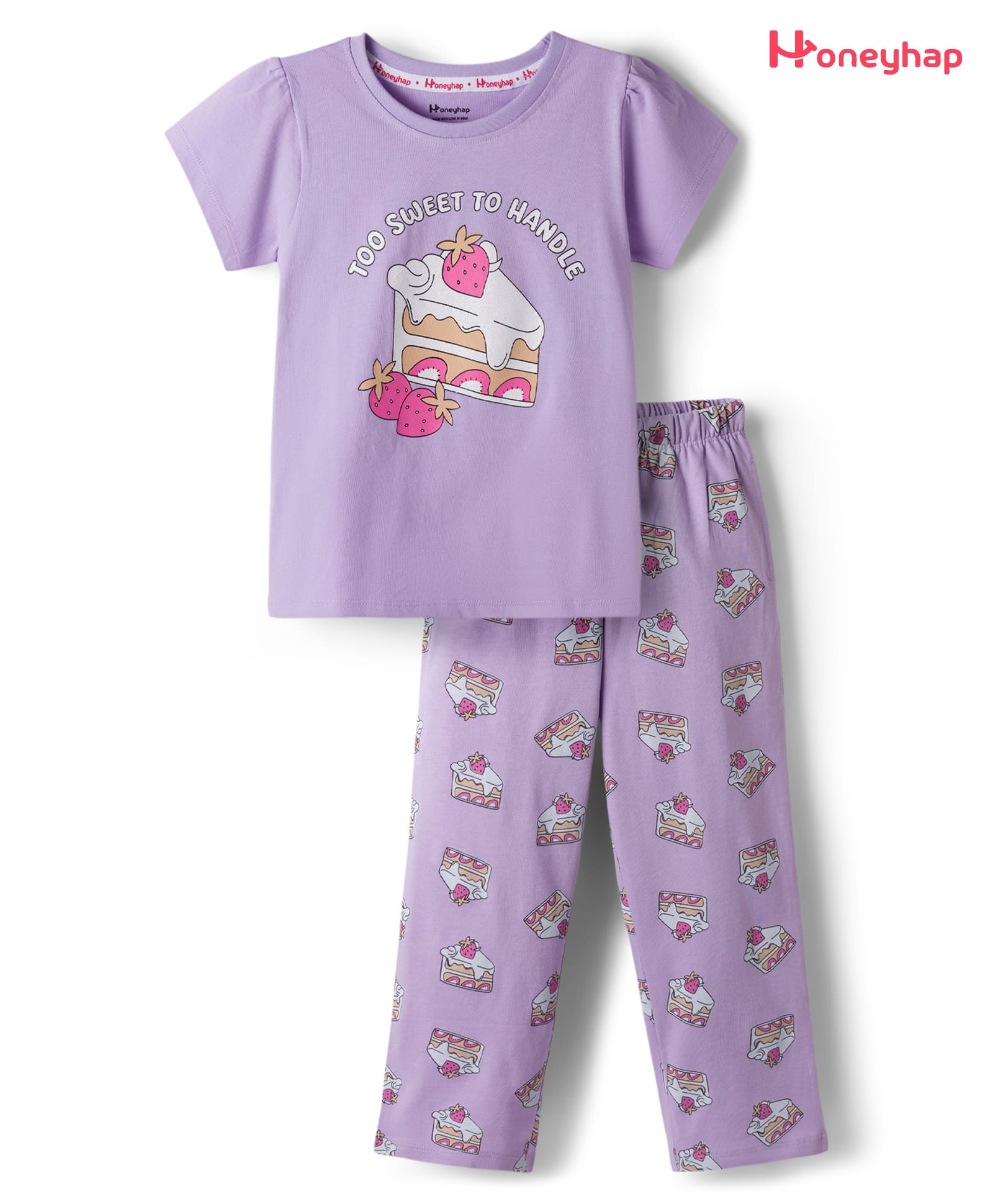 Honeyhap Premium 100% Cotton Knit Half Sleeves T-Shirt & Pyjama Night Suit With Bio Finish & Cake Print - Lavender-image-46