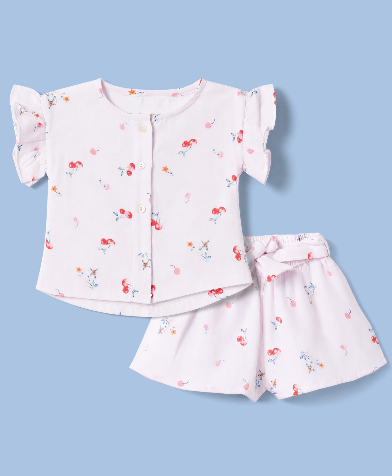 ToffyHouse Muslin Woven Frill Sleeves Top & Shorts Co-Ords Set with Floral & Berry Print with Belt- Light Pink-image-23