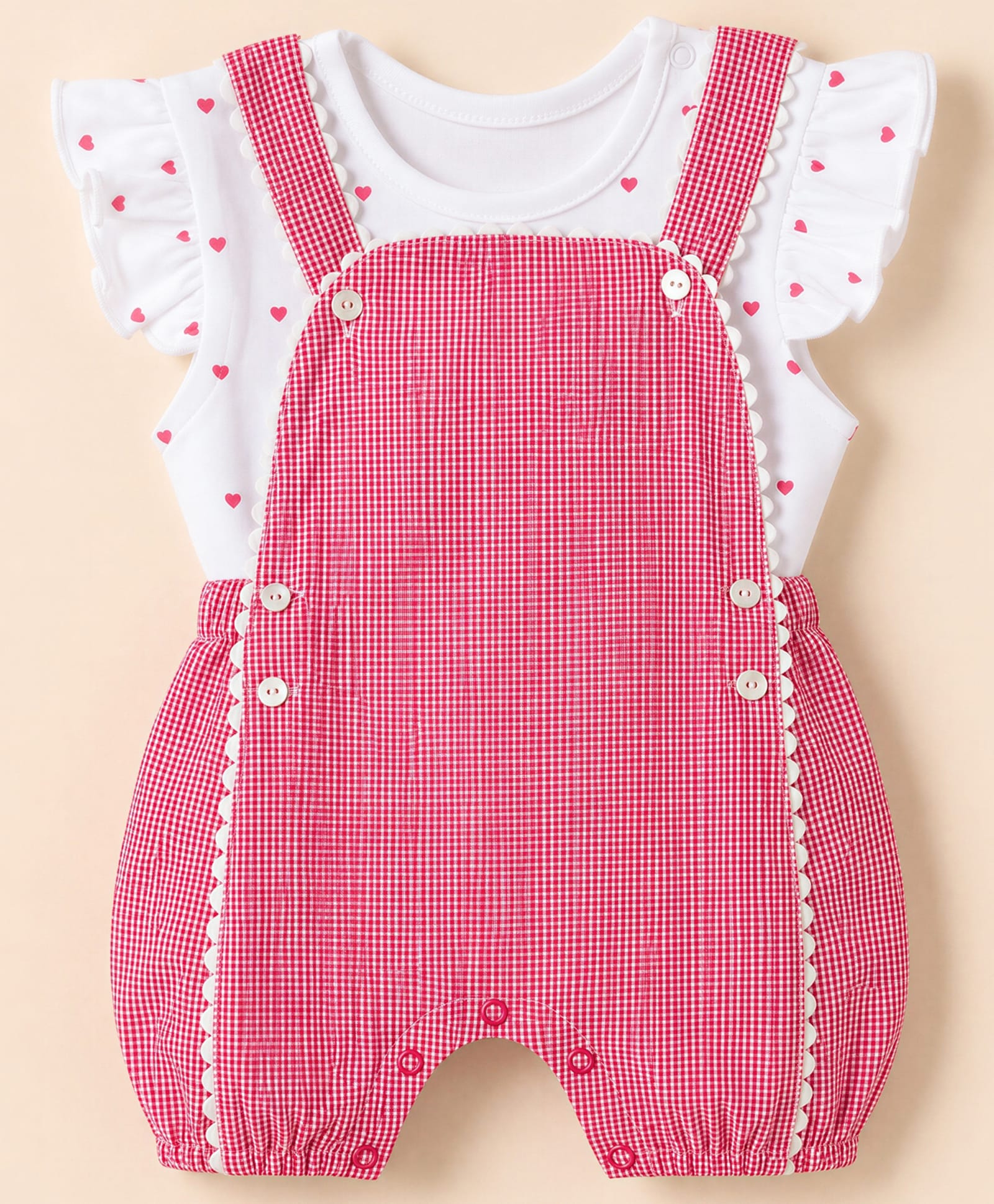 ToffyHouse Interlock Knit Half Sleeves Dungaree with Hearts Print & Checks - Red-picture-4