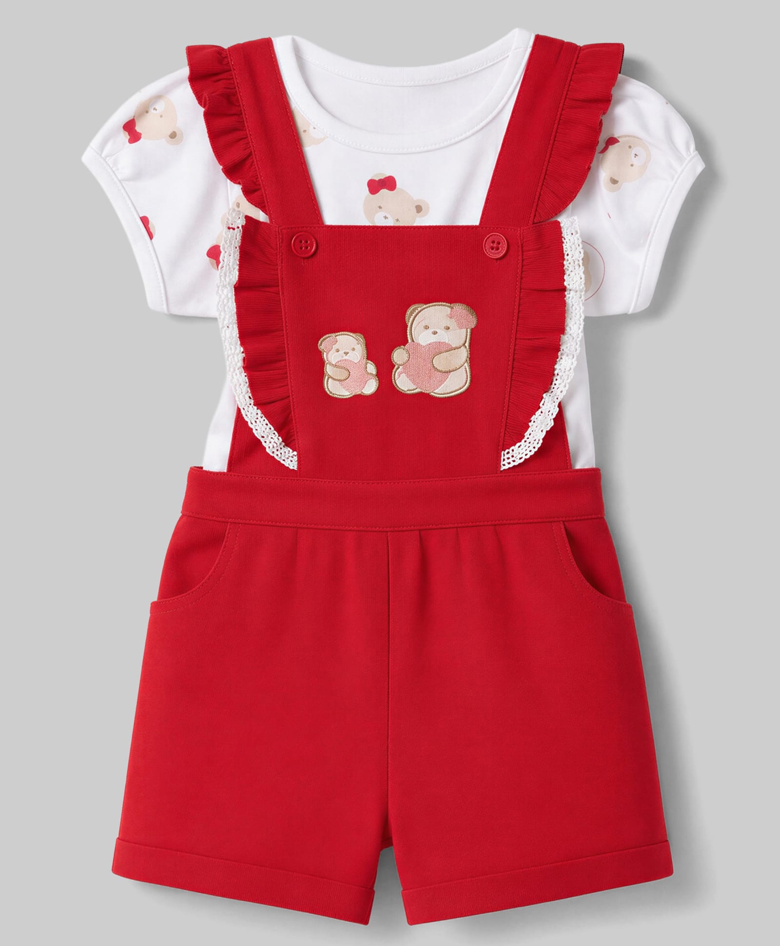 Toffyhouse Interlock Knit Half Sleeves Teddy Bear Printed T-shirt & Dungaree Set - Red-image-2