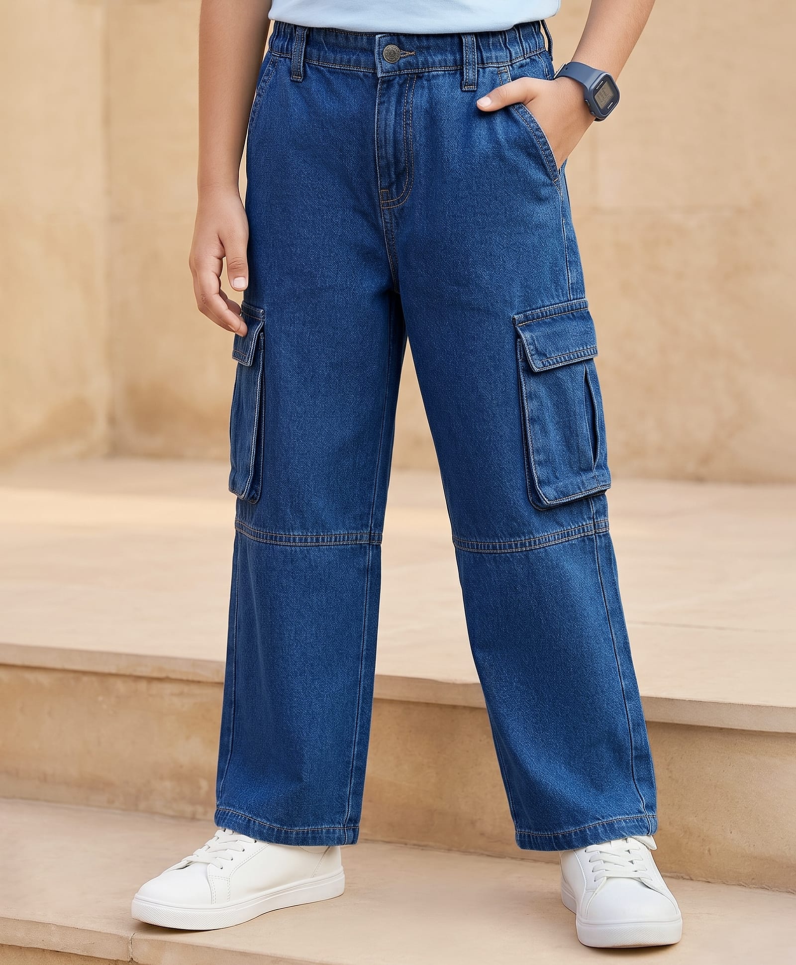 arias by lara dutta Arias Cotton Elastane Woven Full Length Washed Denim Jeans With Cargo Pockets - Blue-picture-28
