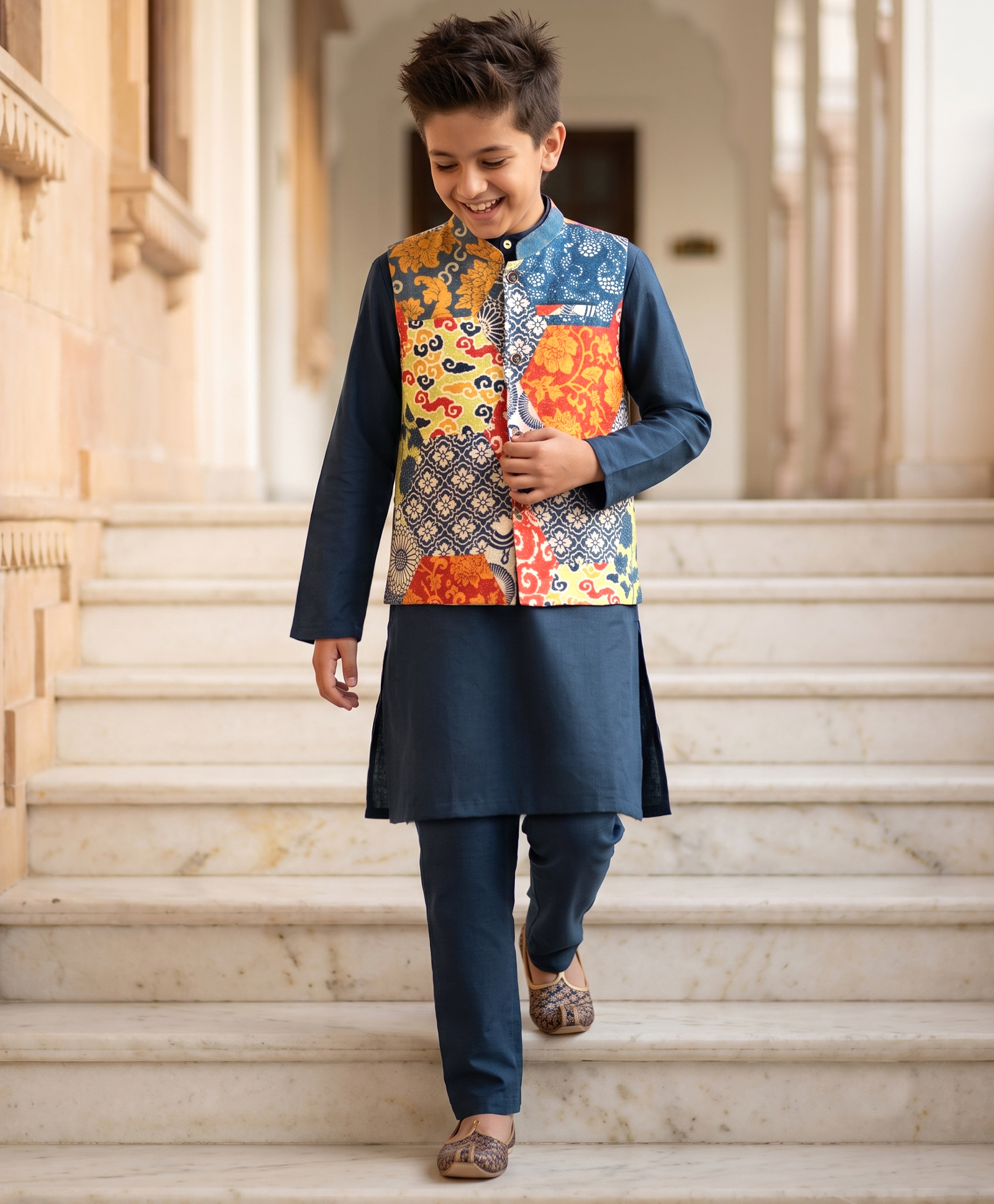 Pine Kids Woven Full Sleeves Solid Colour Kurta Pajama Set with Floral Printed Nehru Jacket - Navy Blue-image-32