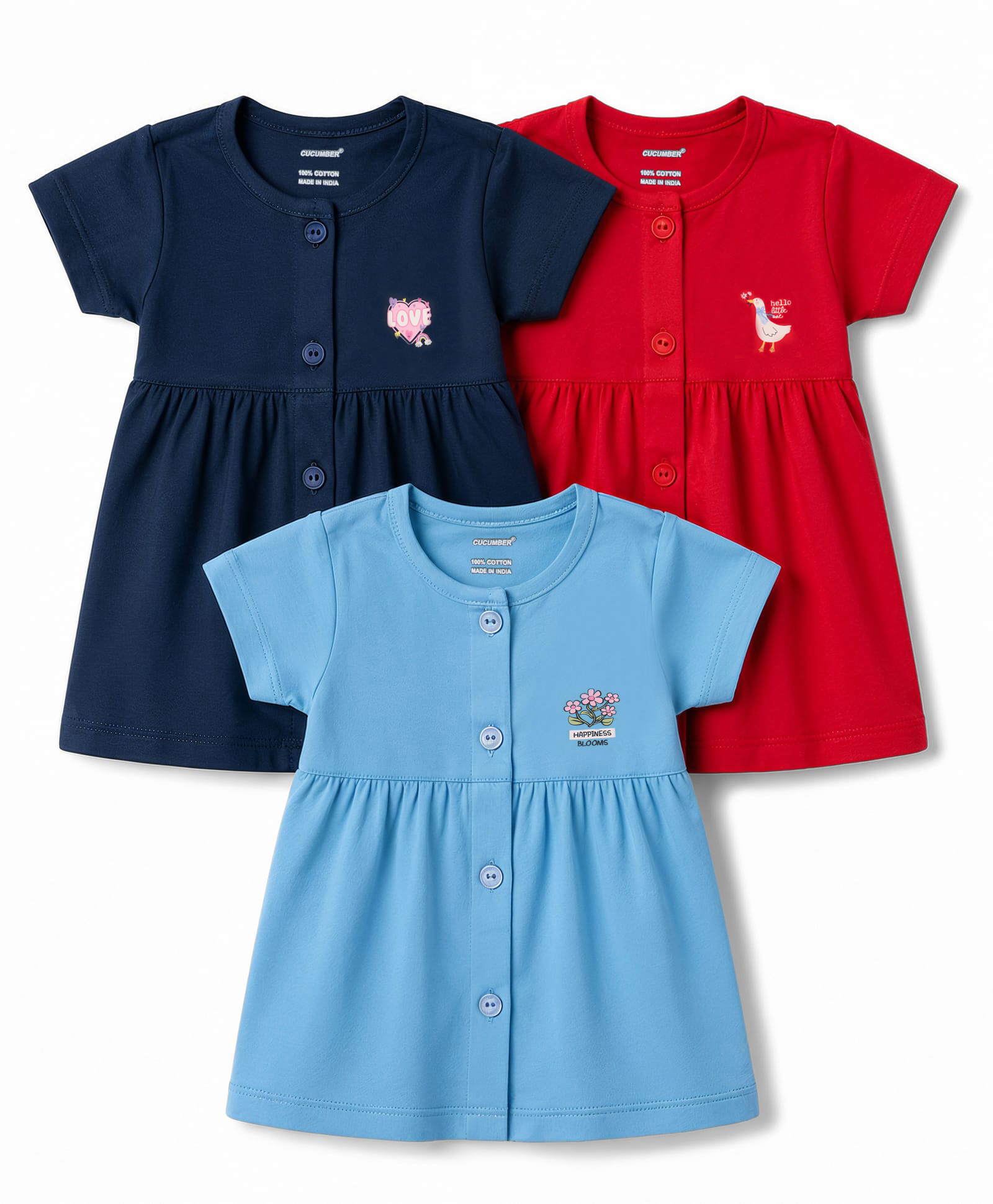 CUCUMBER Sinker Knit Half Sleeves Animal & Birds Printed Frocks Pack Of 3 - Navy Blue Red & Light Blue-picture-29