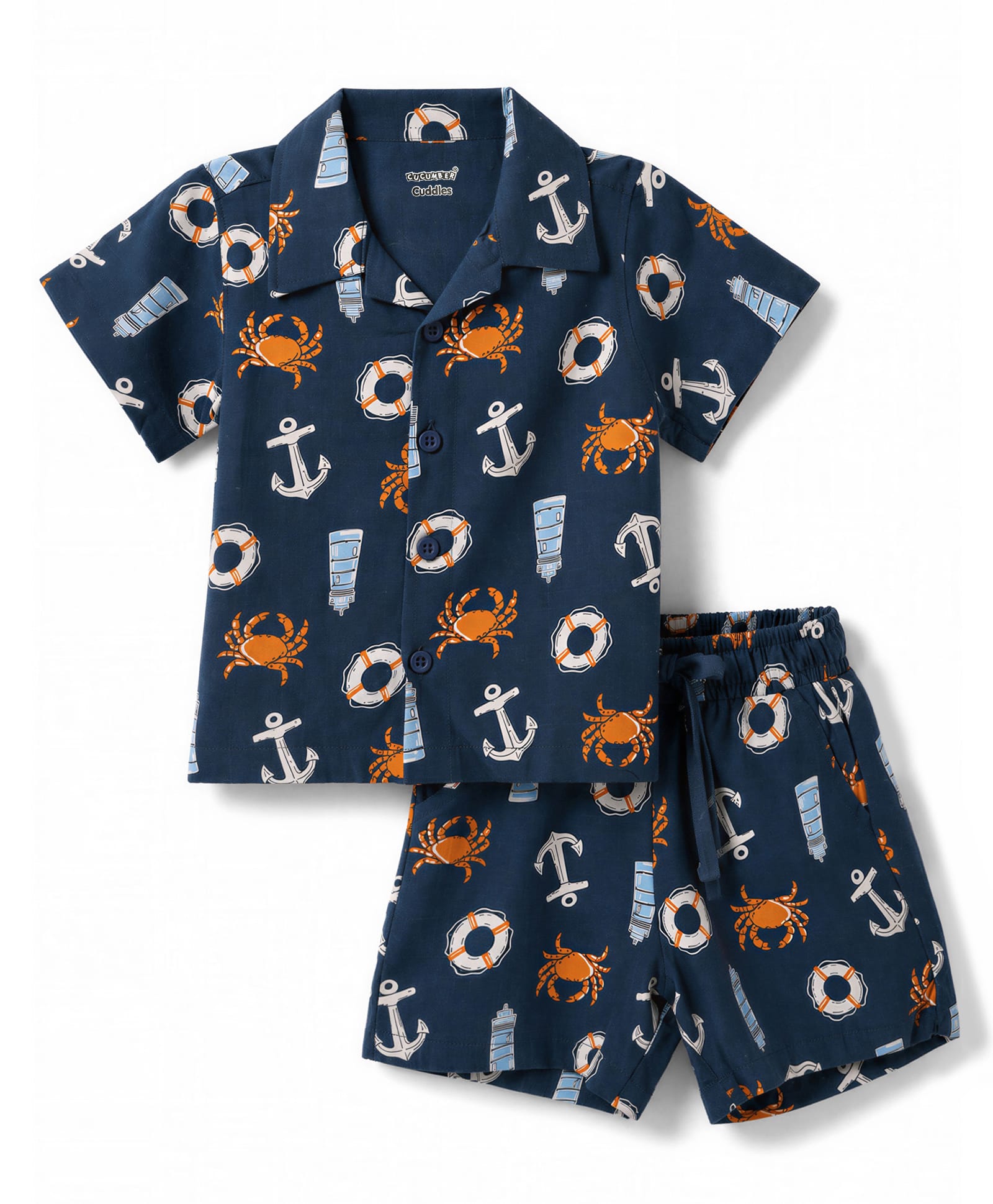 CUCUMBER Cotton Woven Half Sleeves Shirt & Shorts Co-Ord Night Suit With Nautical Theme - Navy Blue-image-26