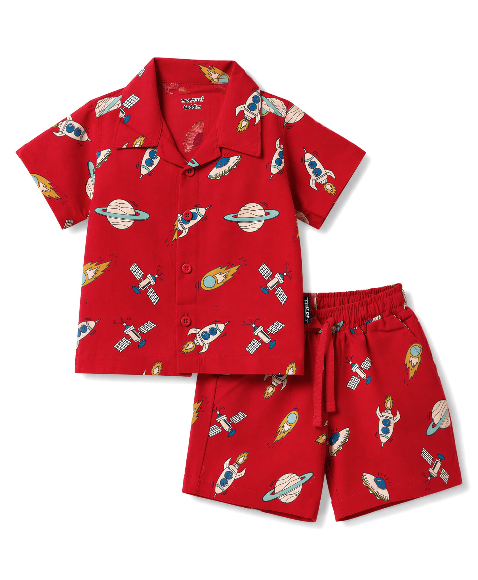 CUCUMBER Cotton Woven Half Sleeves Shirt & Shorts Co-Ord Night Suit With Space Theme - Red-image-19