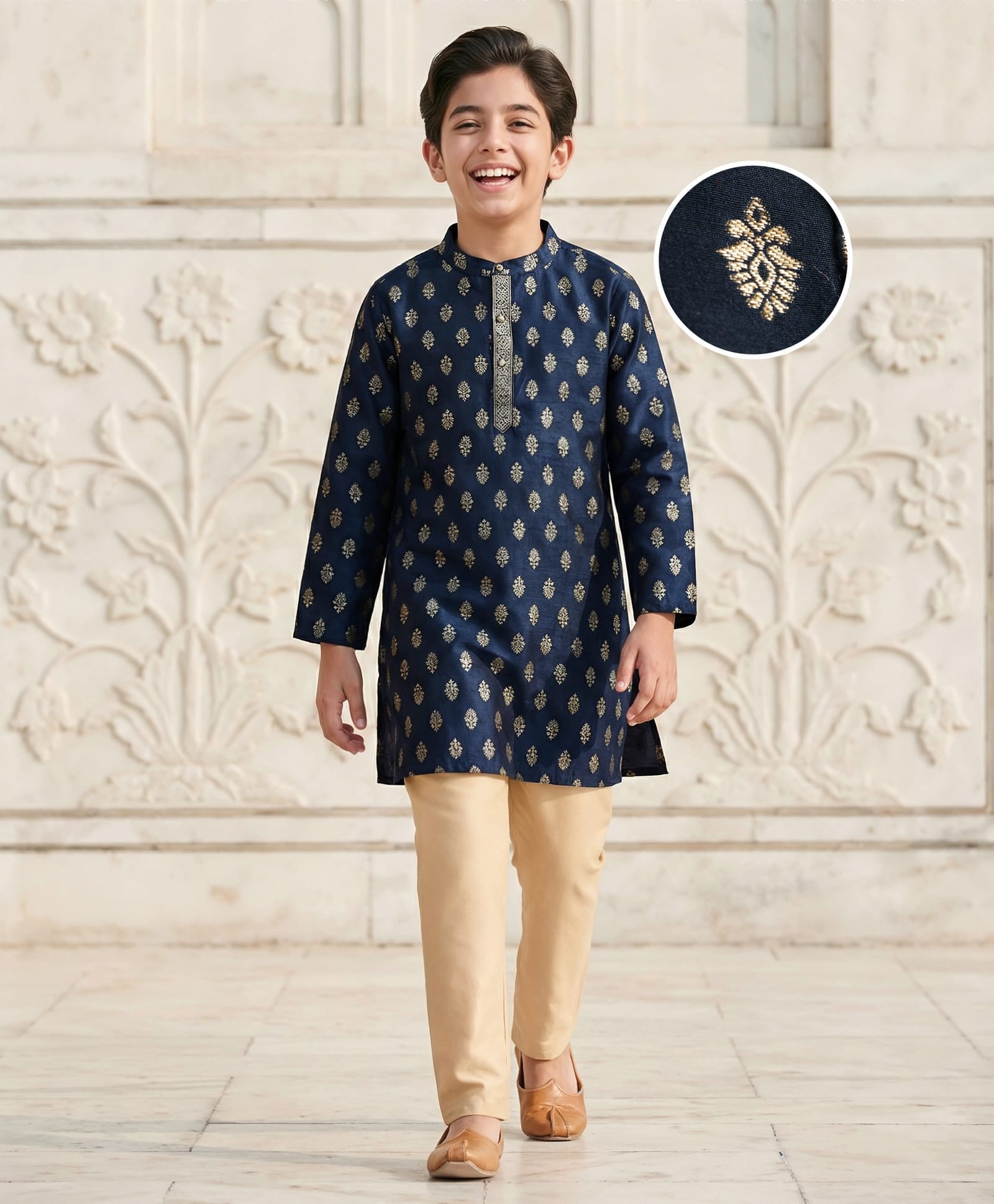 Pine Kids Woven Full Sleeves Floral Foil Printed Kurta & Pyjama Set - Navy Blue-image-30