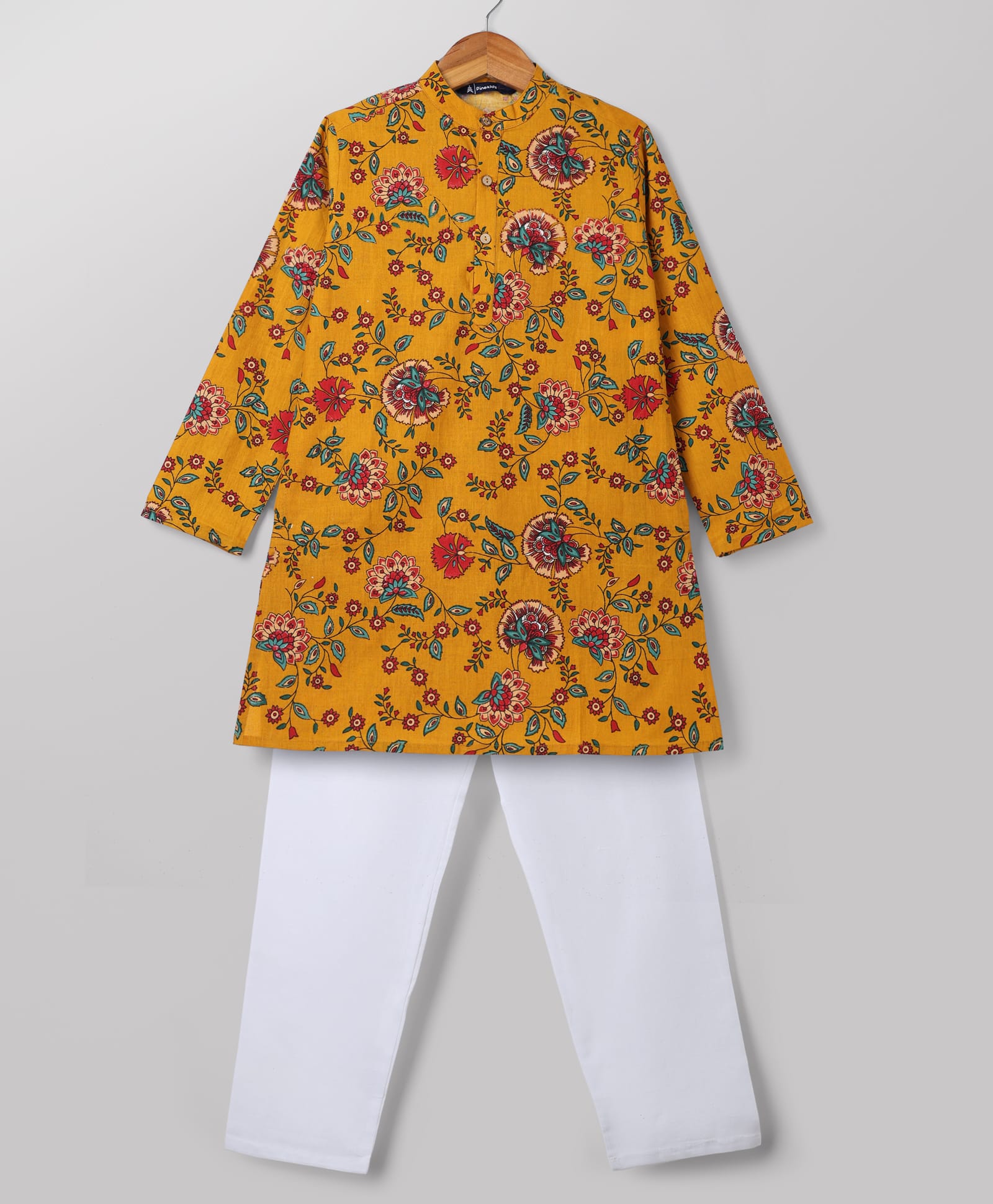 Pine Kids 100% Cotton Woven Full Sleeves Floral Printed Kurta & Pyjama Set -Mustard-picture-28