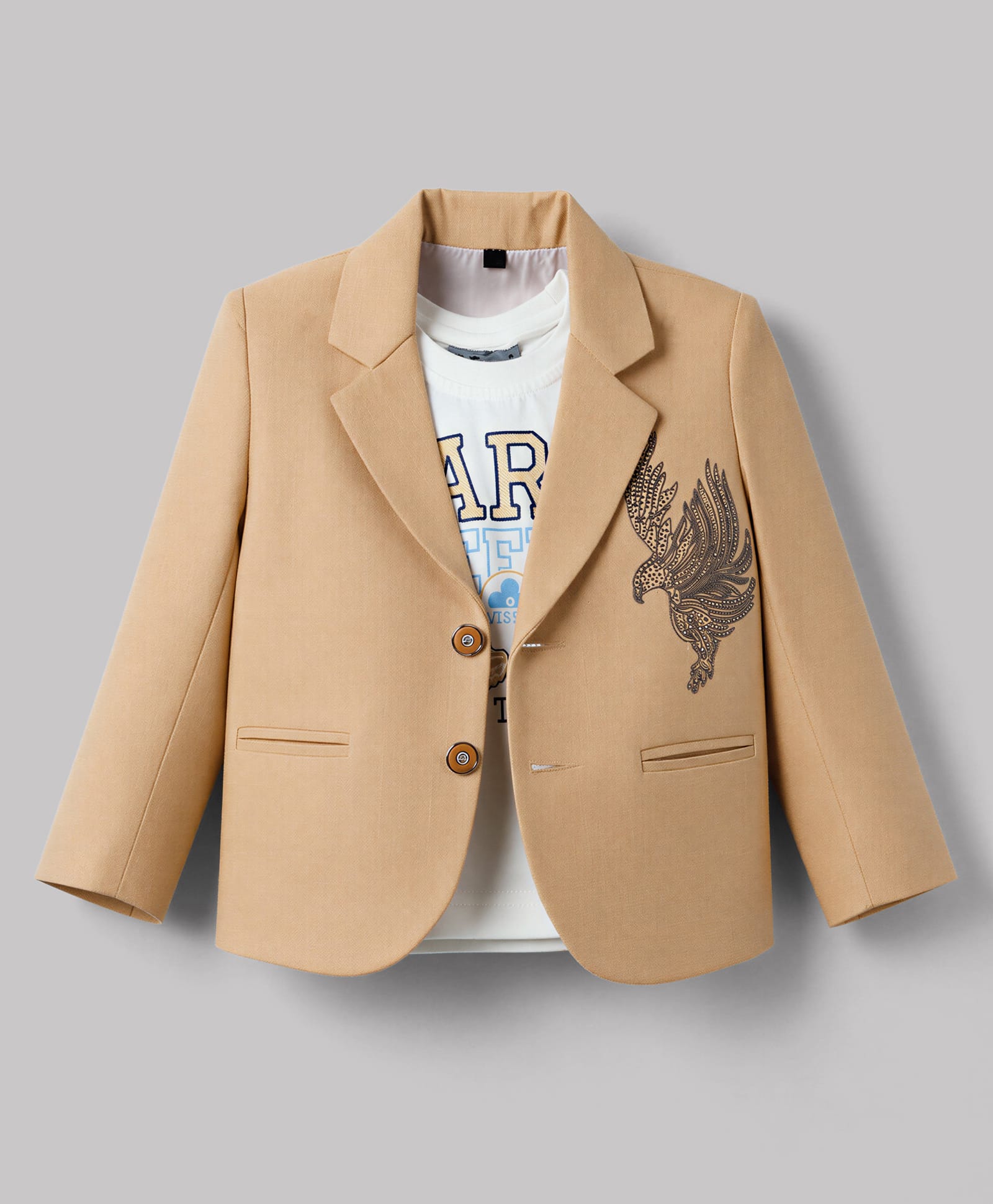 Dapper Dudes Woven Full Sleeves Text Printed T-Shirt & Blazer With Eagle Embellishment - Khaki-image-5