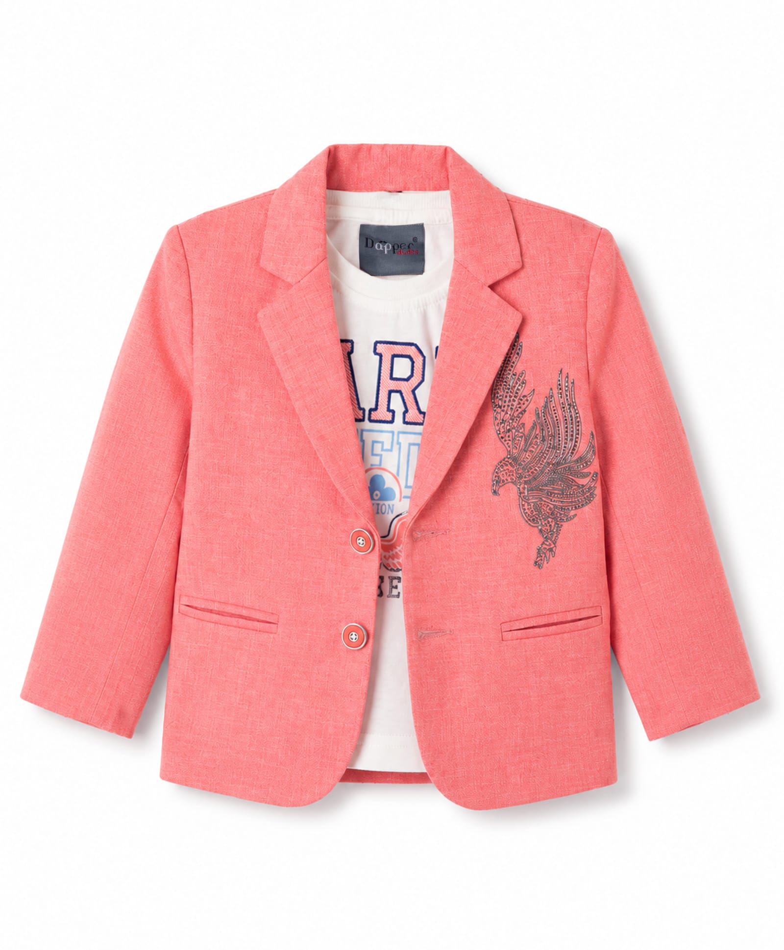 Dapper Dudes Woven Full Sleeves Text Printed T-Shirt & Blazer With Eagle Embellishment - Peach-image-24
