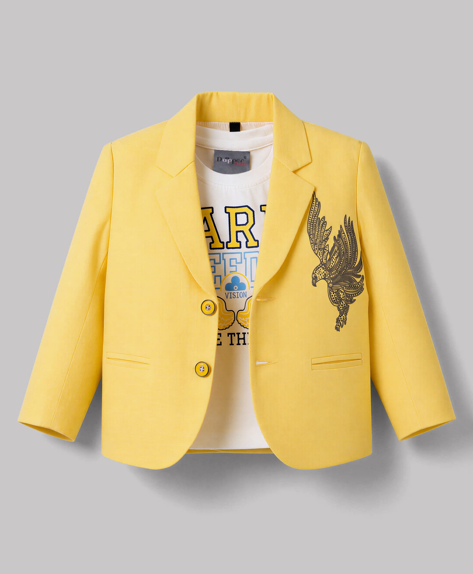 Dapper Dudes Woven Full Sleeves Text Printed T-Shirt & Blazer With Eagle Embellishment - Yellow-picture-23