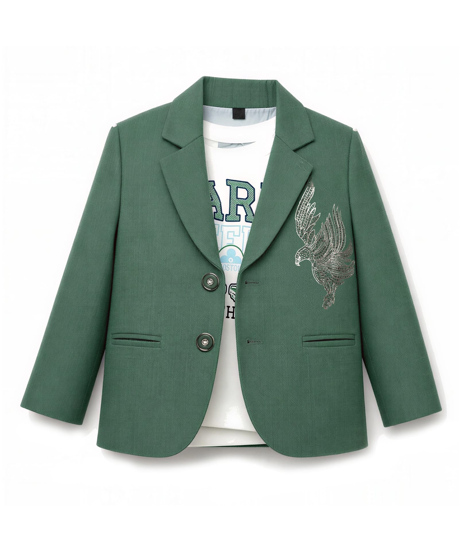 Dapper Dudes Woven Full Sleeves Text Printed T-Shirt & Blazer With Eagle Embellishment - Green-image-3