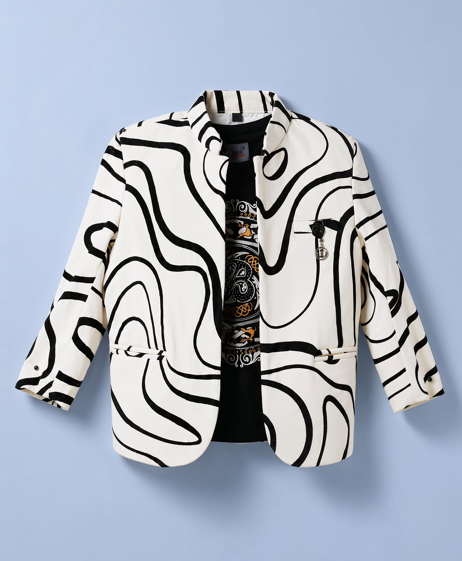 Dapper Dudes Woven Full Sleeves Text Printed T-Shirt With Blazer - Cream-picture-19