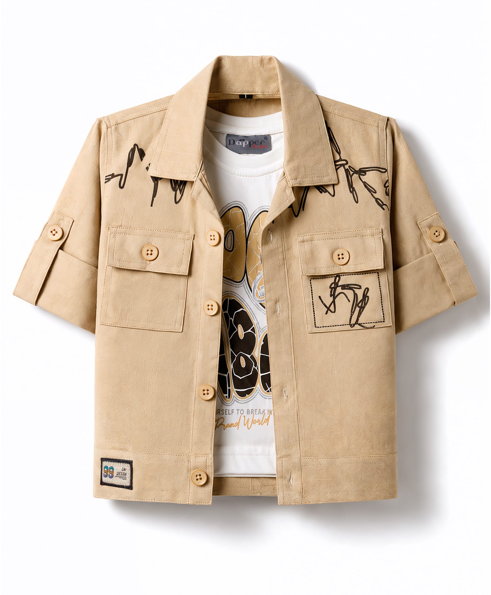 Dapper Dudes Woven Full Sleeves Good Vibes Text Printed T-Shirt With Blazer - Khaki-image-13