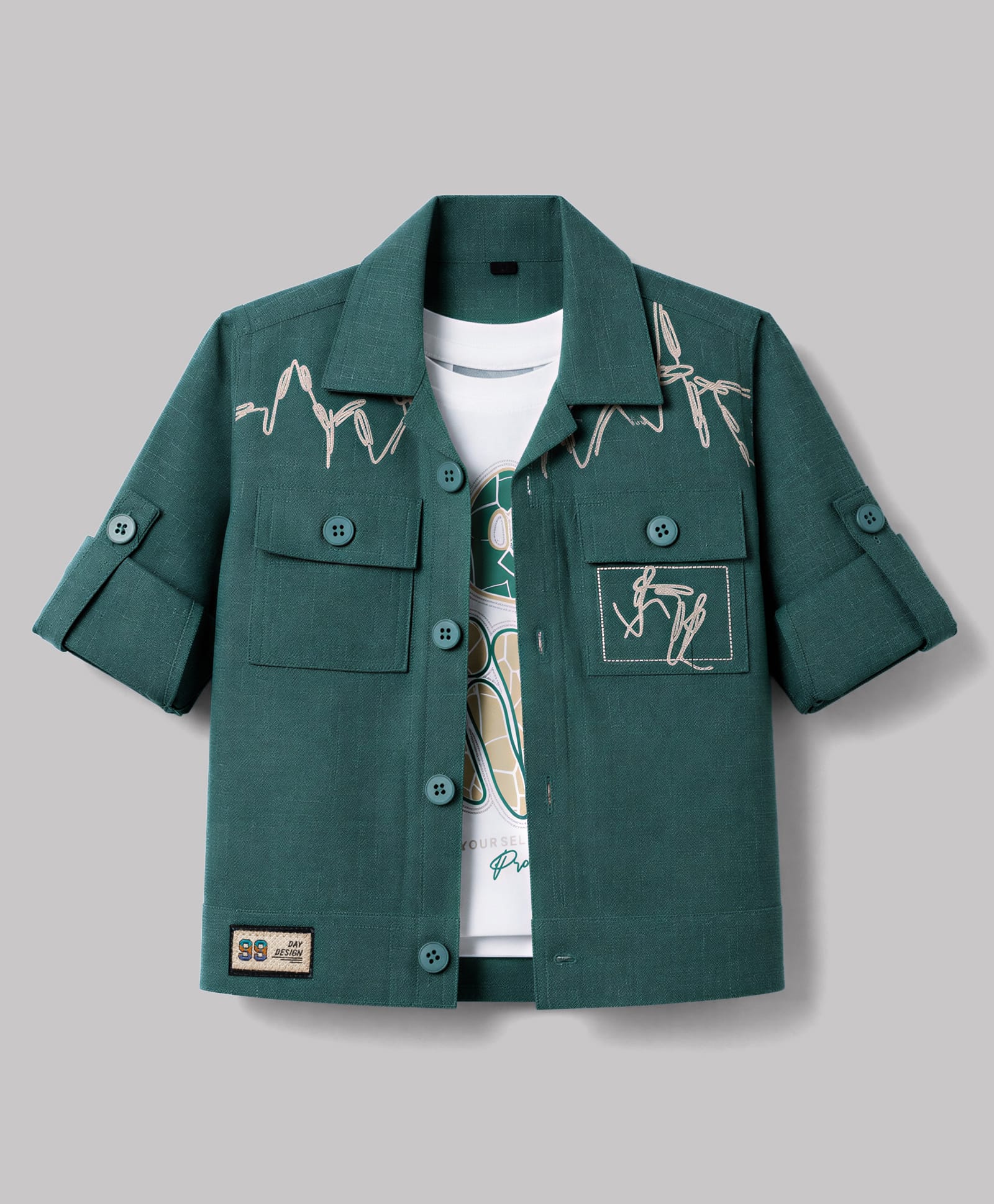 Dapper Dudes Woven Full Sleeves Good Vibes Text Printed T-Shirt With Blazer - Green-image-12