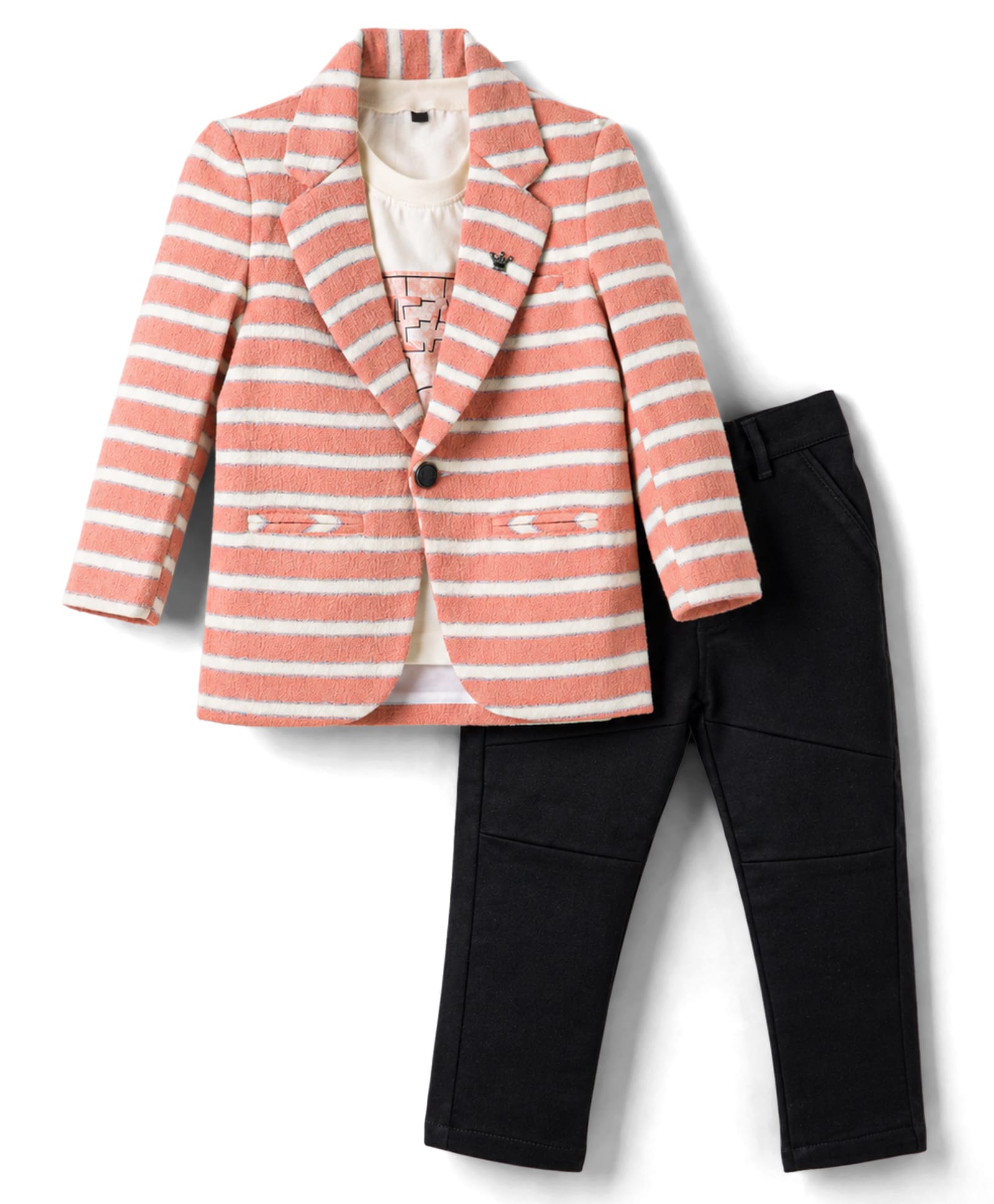 Dapper Dudes Woven Full Sleeves Striped Blazer & T-Shirt & Pant Set - Peach-image-25