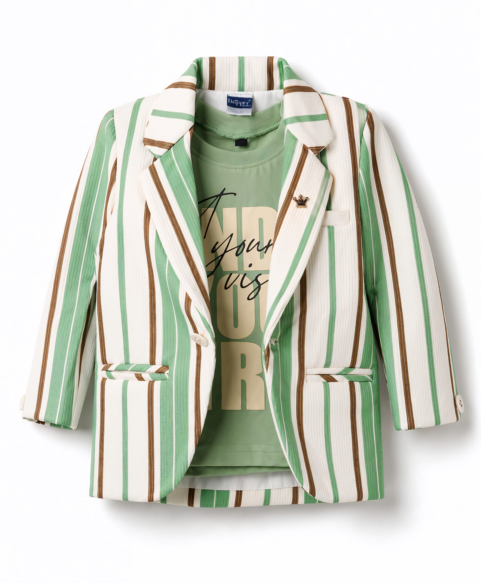 Dapper Dudes Woven Full Sleeves Striped Blazer With Text Printed T-Shirt - Green-image-21