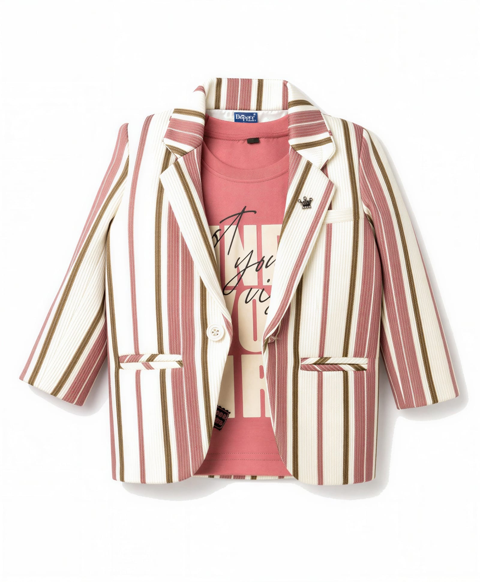 Dapper Dudes Woven Full Sleeves Striped Blazer With Text Printed T-Shirt - Pink-image-24