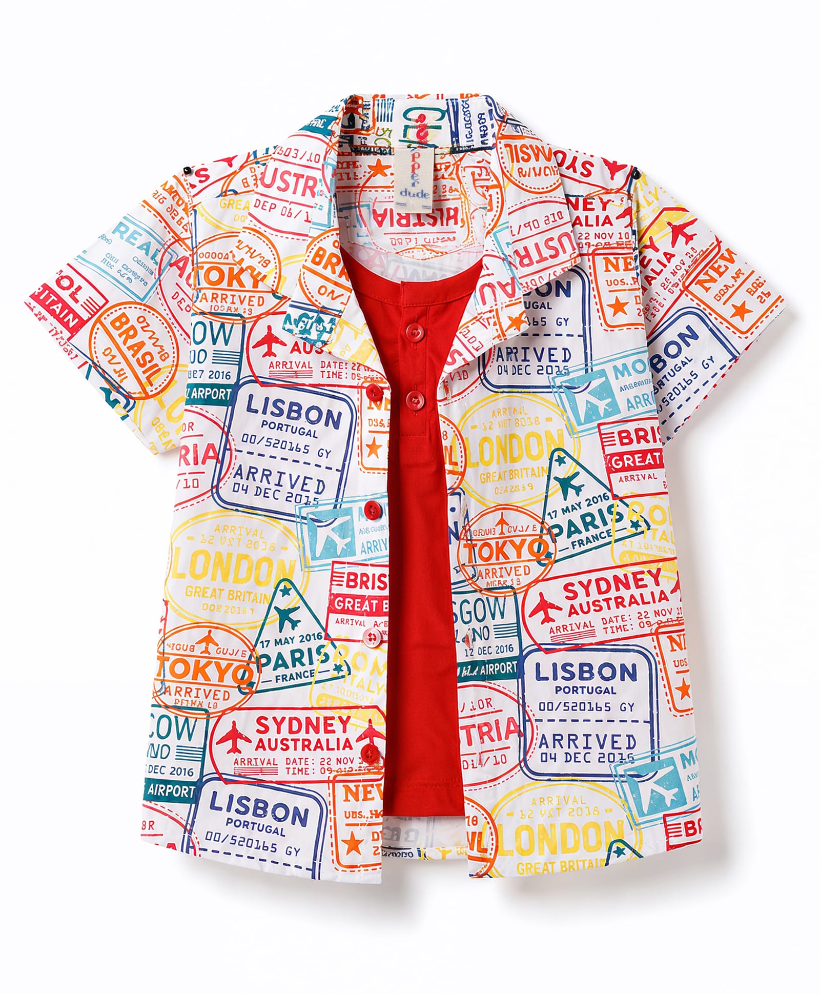 Dapper Dudes Woven Half Sleeves Country Stamp Printed Shirt With Attached Tee - Red-picture-14
