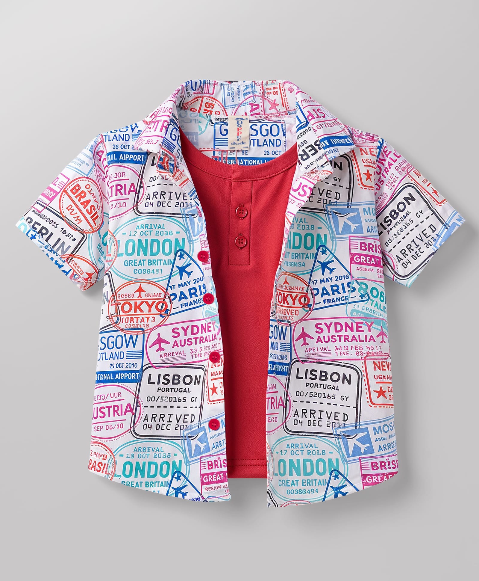 Dapper Dudes Woven Half Sleeves Country Stamp Printed Shirt With Attached Tee - Pink-picture-13