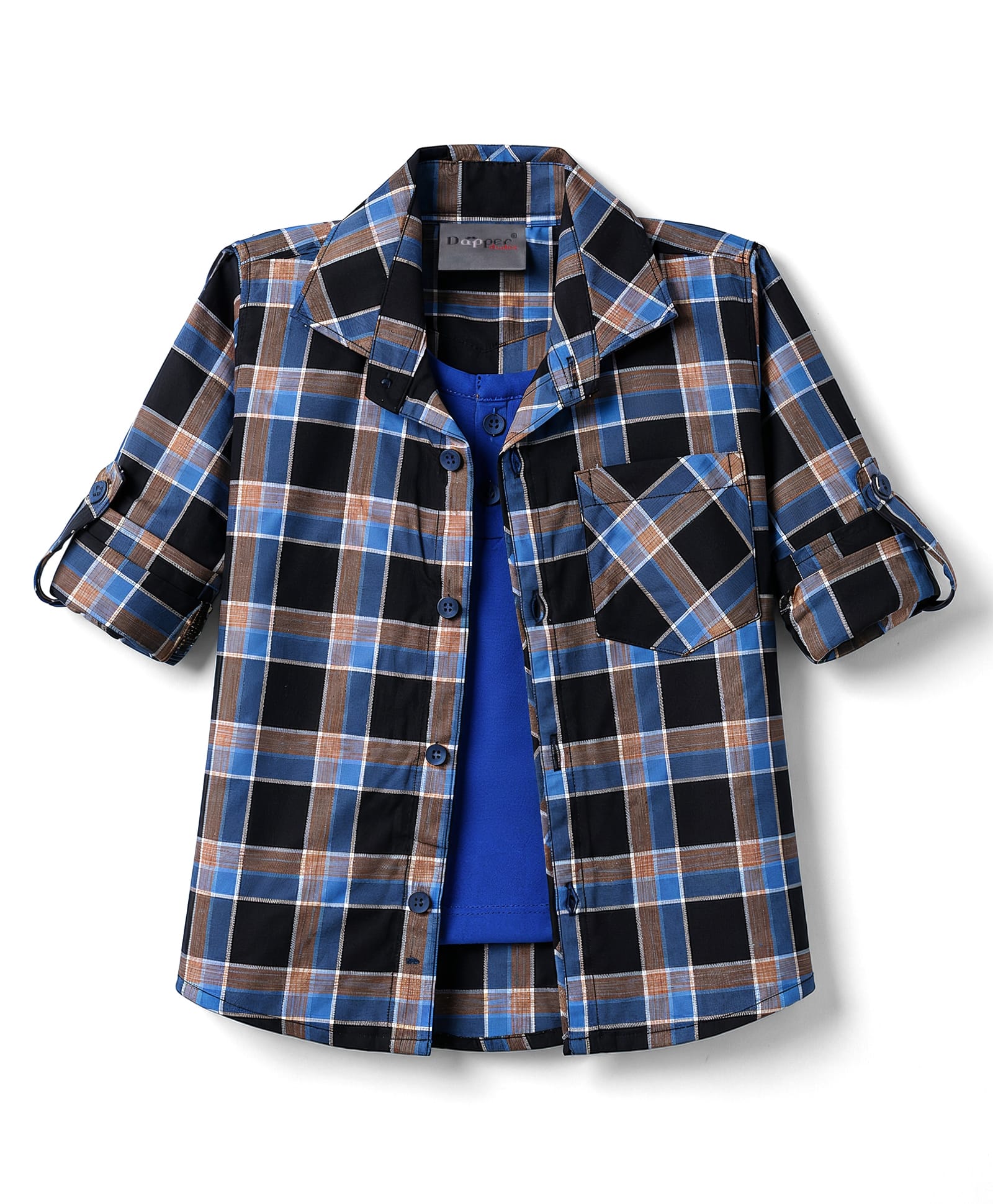 Dapper Dudes Woven Full Sleeves Checked Shirt With Attached Tee - Blue-picture-27