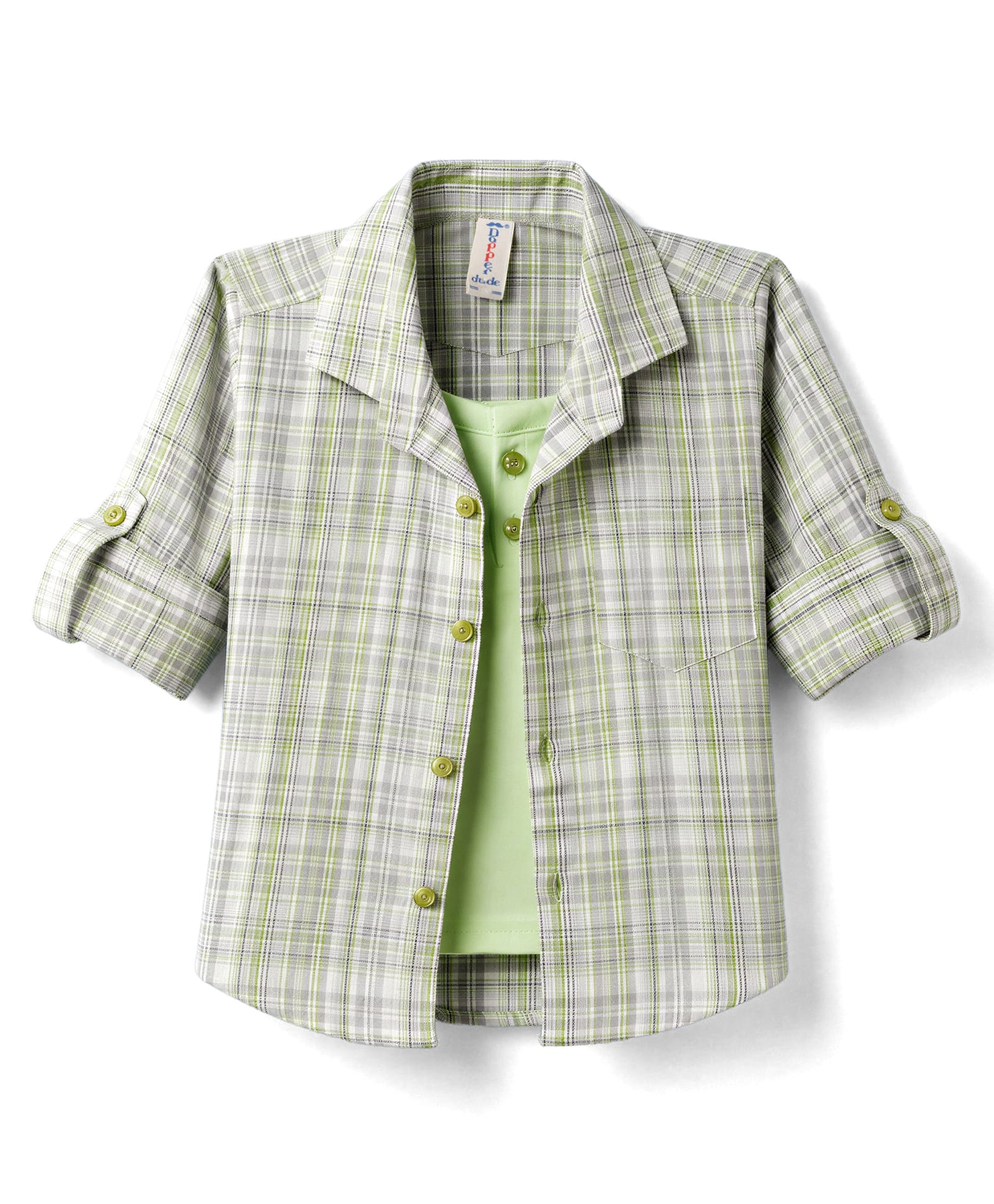 Dapper Dudes Woven Full Sleeves Checked Shirt With Attached Tee - Light Green-image-21