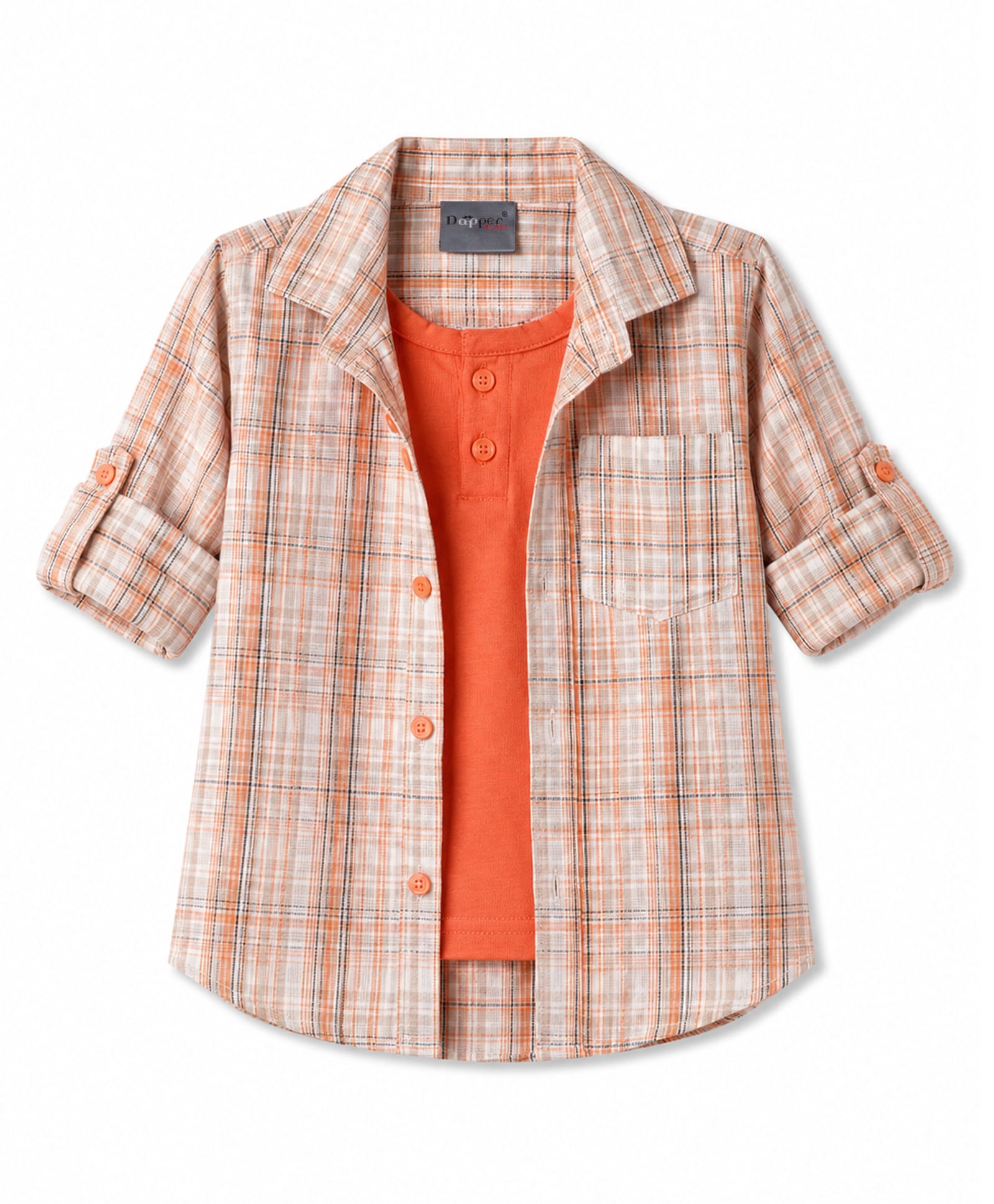 Dapper Dudes Woven Full Sleeves Checked Shirt With Attached Tee -Orange-image-22