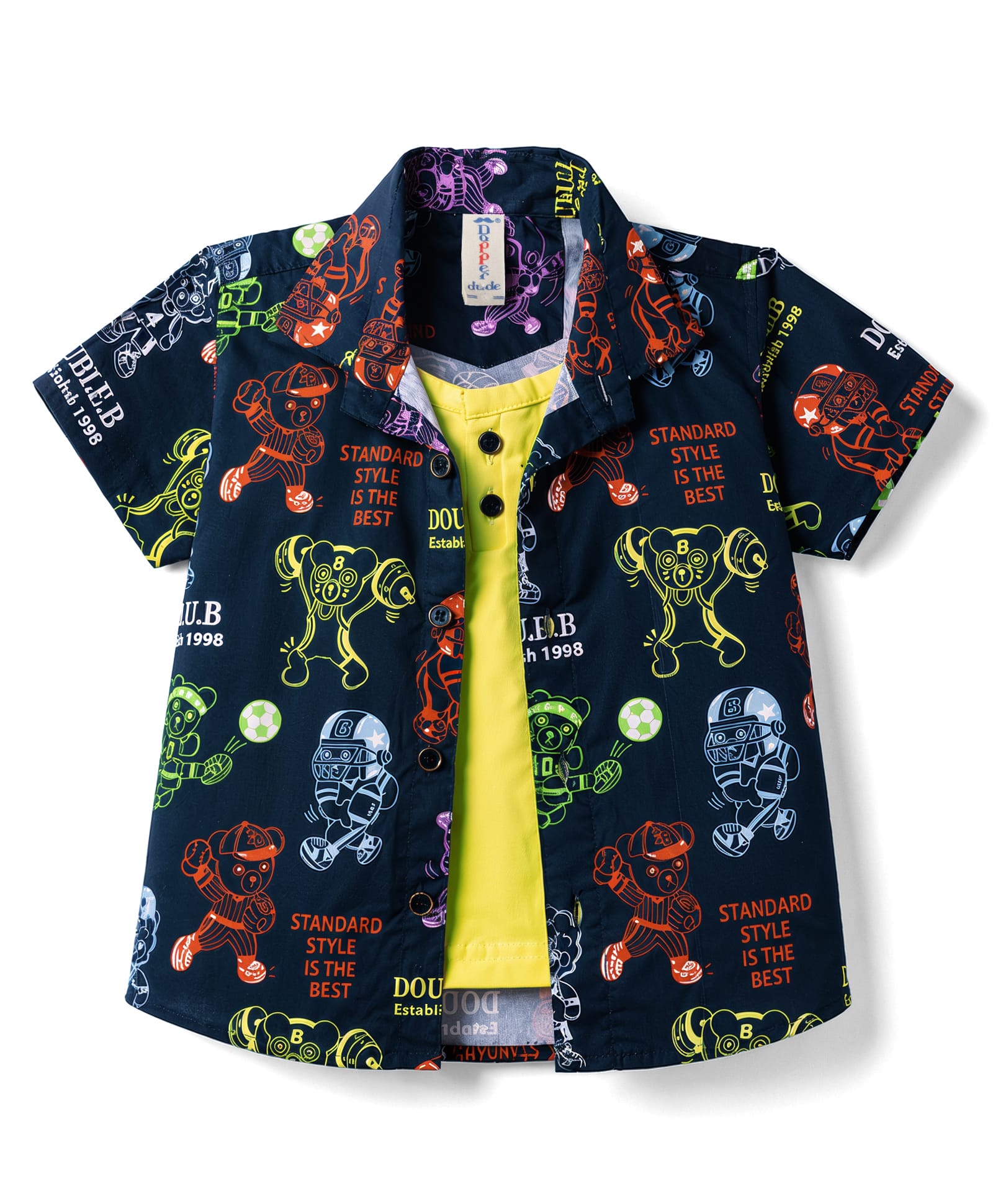 Dapper Dudes Woven Shirt Half Sleeves Playing Teddy Bear Printed Shirt With Attached Tee - Navy Blue-image-1