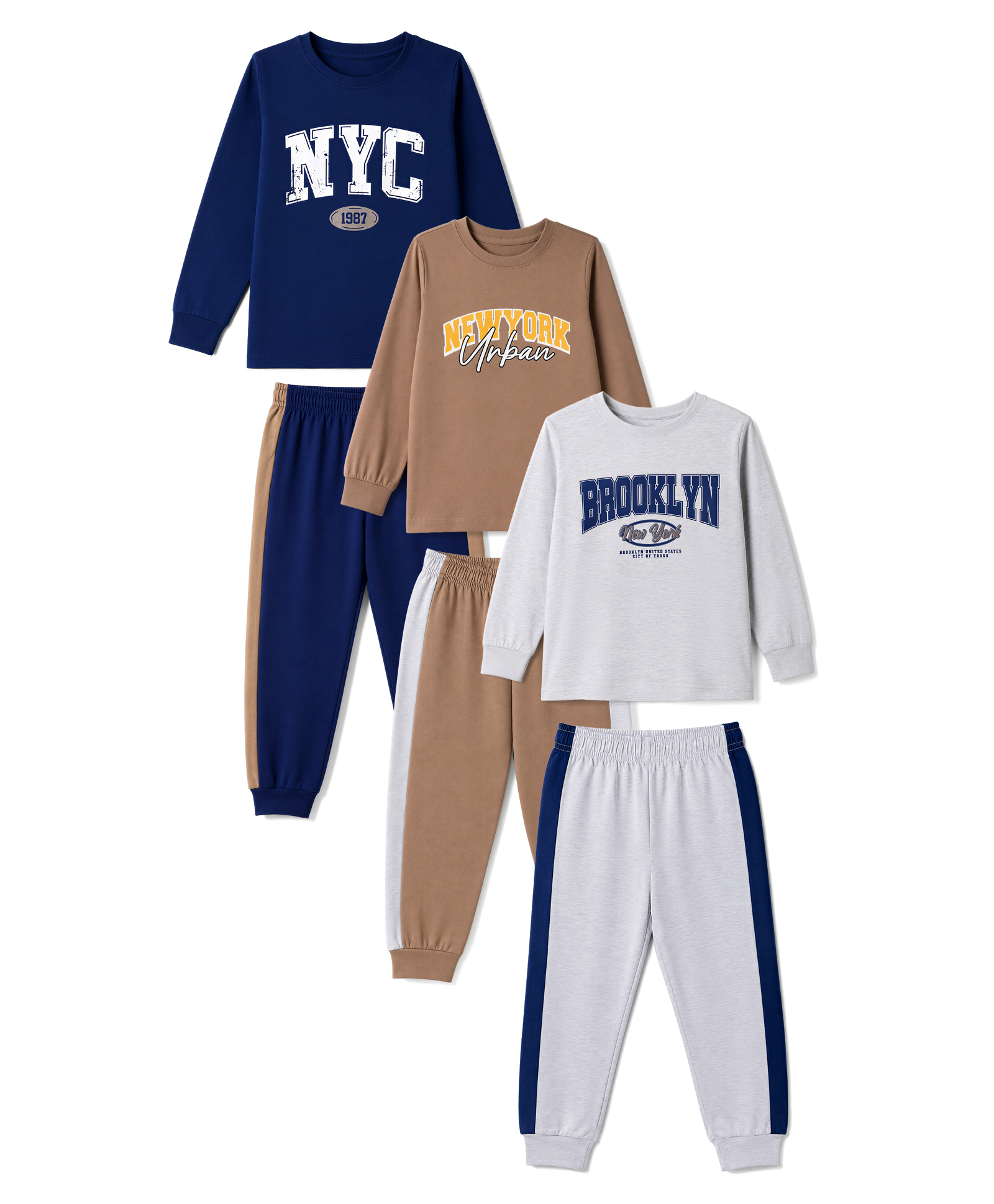 Primo Gino Cotton Knit Full Sleeves T-Shirt & Pyjama Co-ords Night Suit With Text Print & Color Block Pack of 3 - Grey, Brown & Navy Blue-picture-38