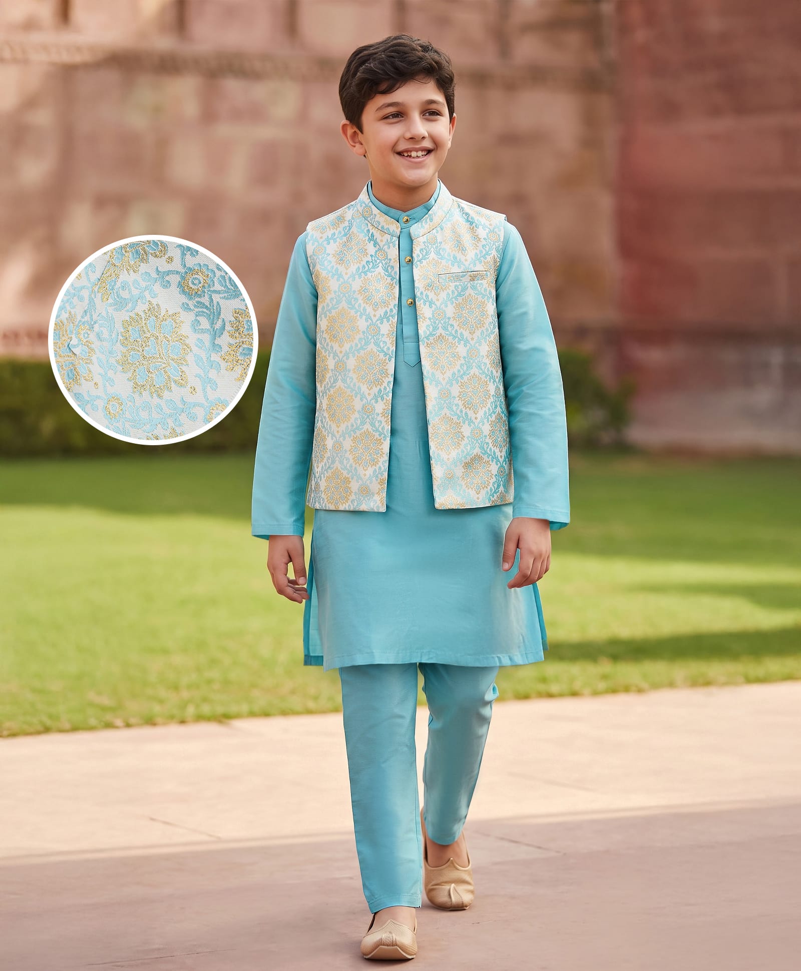 Pine Kids Woven Full Sleeves Solid Colour Kurta Pajama Set with Floral Brocade Nehru Jacket - Sky Blue-picture-17