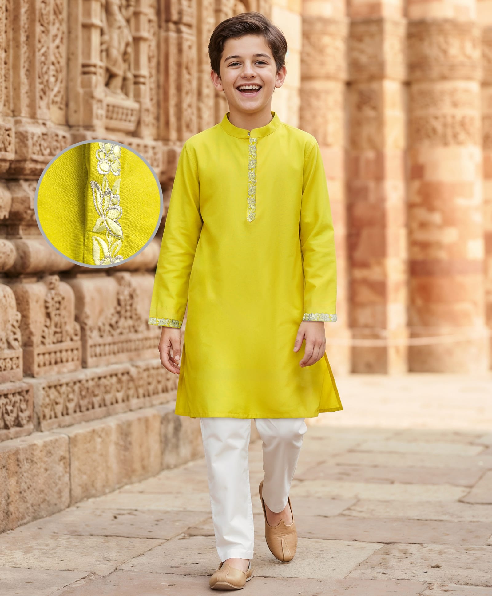 Pine Kids Woven Full Sleeves Kurta Pyjama Set with Embroidered Placket - Lime Green-picture-19