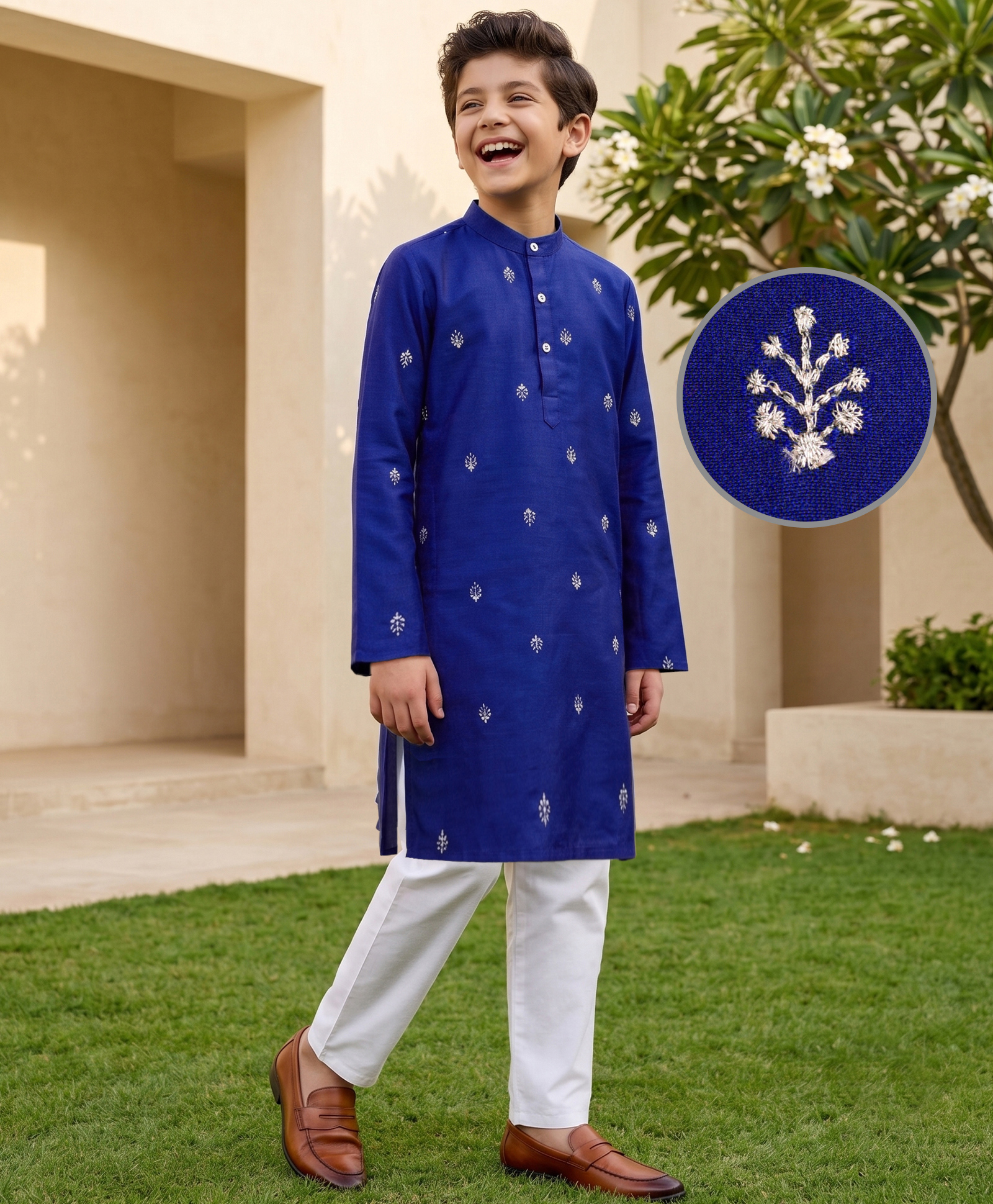 Pine Kids Woven Full Sleeves Kurta Pyjama Set With Leaves Embroidery - Navy Blue-image-32