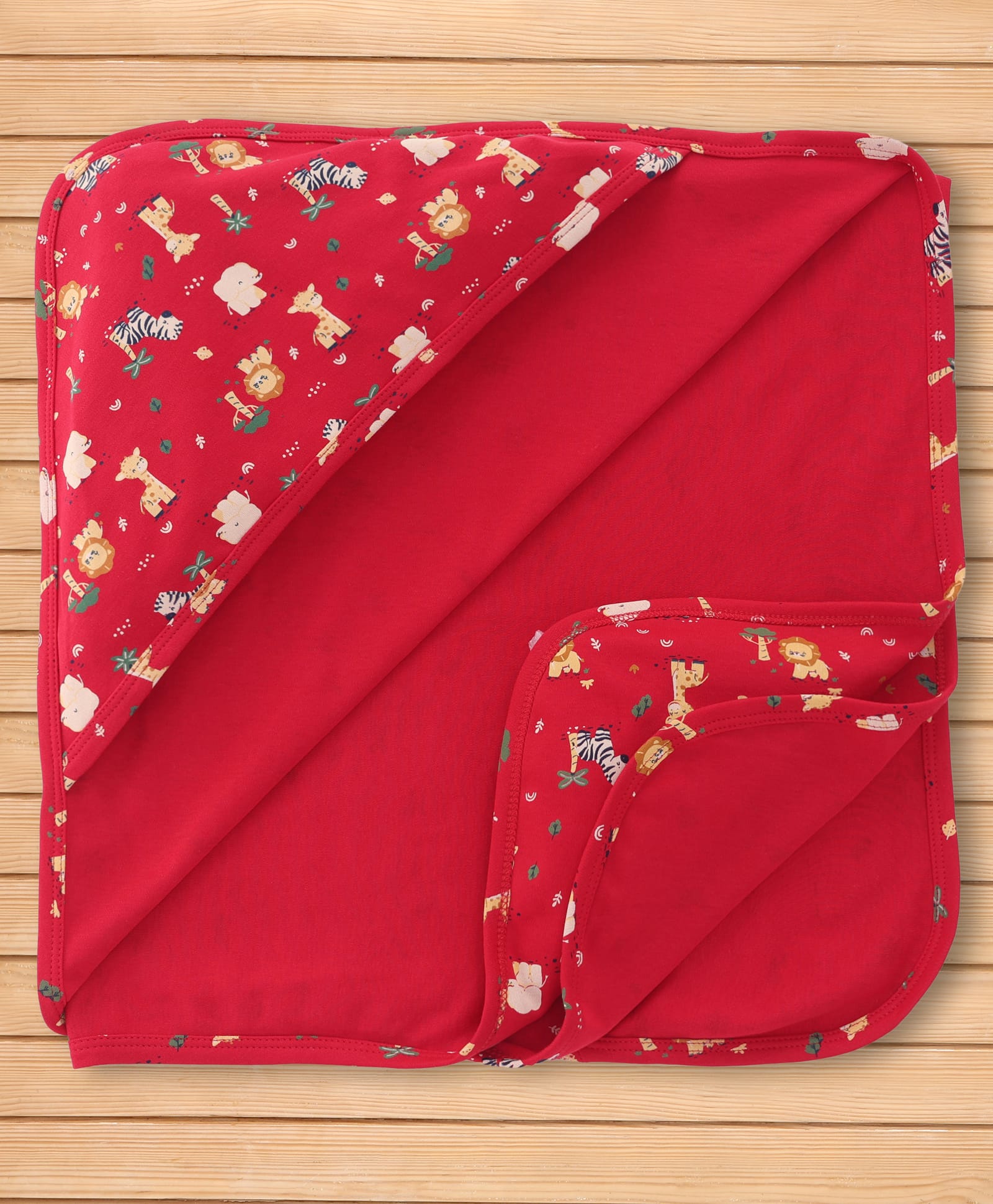 CUCUMBER Interlock Knit Animals Printed Hooded Towel L 90 x B 90 cm - Red-image-36