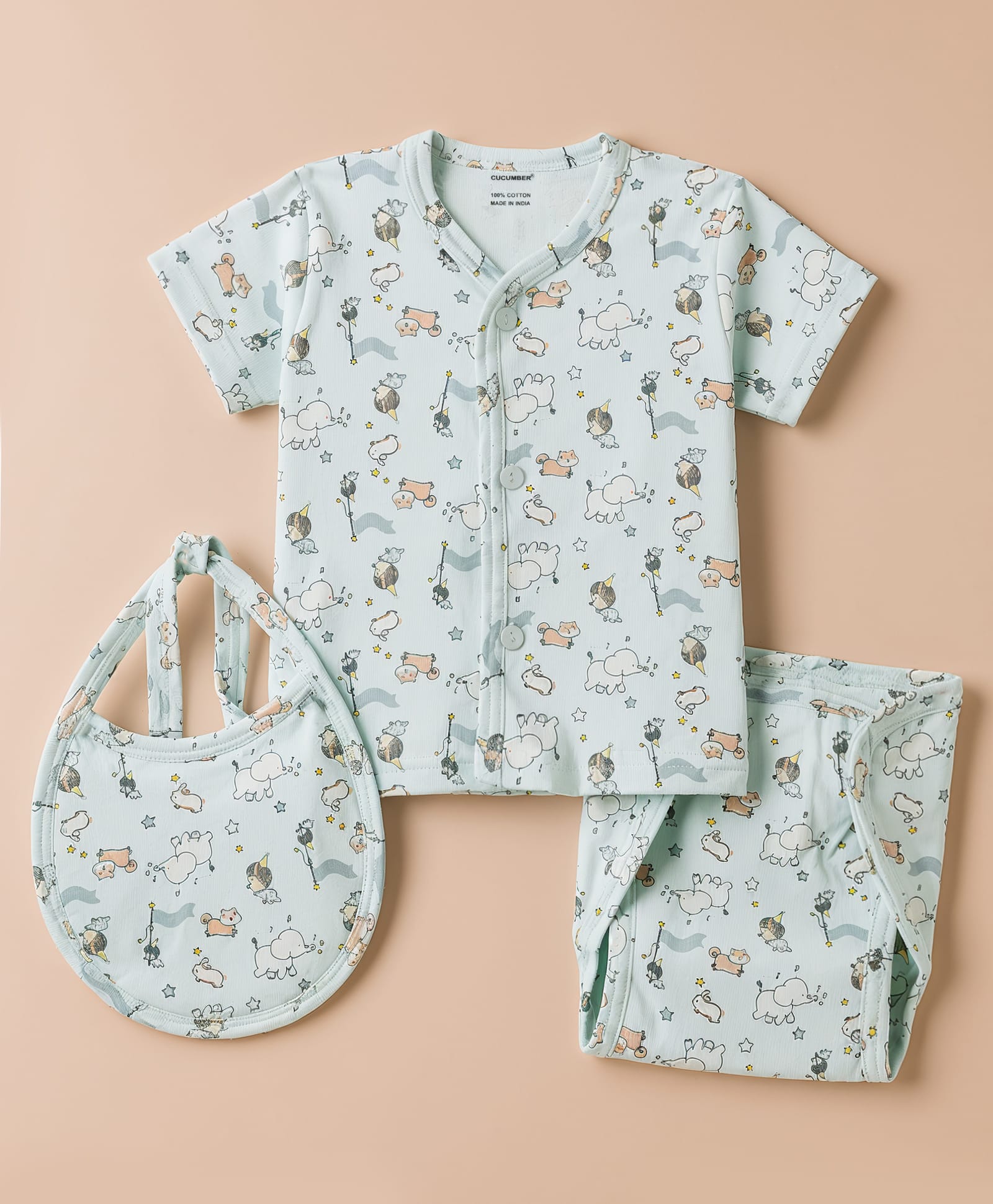CUCUMBER Sinker Knit Half Sleeves T-Shirt & Shorts Set Co-Ord Night Suit With Bib & Animal Print - Light Blue-image-2
